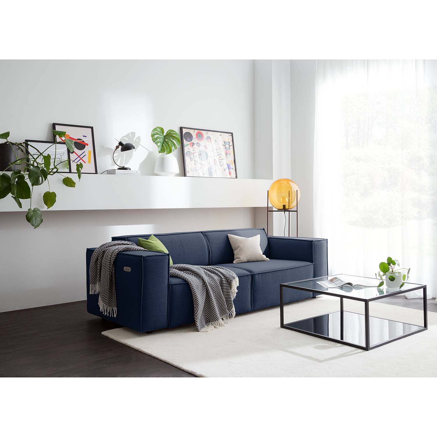 home24 Sofa Kinx 2,5-Sitzer Dunkelblau Webstoff 223x70x96 cm (BxHxT) Modern