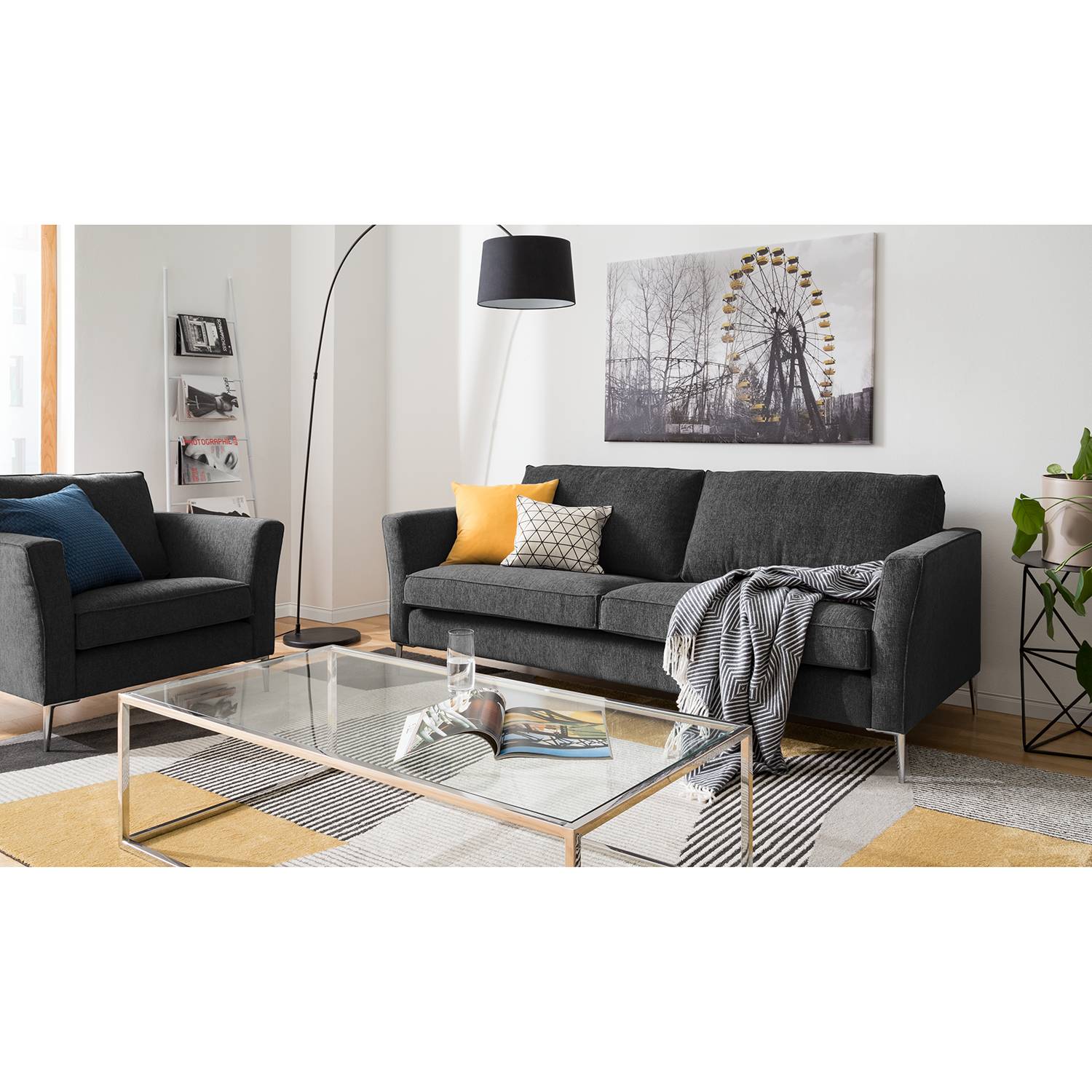 home24 Fredriks Sofa Mirabela 3-Sitzer Schwarz meliert Strukturstoff 209x85x92 cm