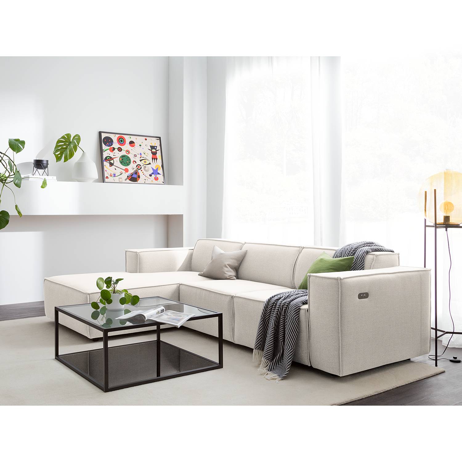 home24 Ecksofa Kinx I 2-Sitzer Altweiß Webstoff 260x70x177 cm (BxHxT) Modern