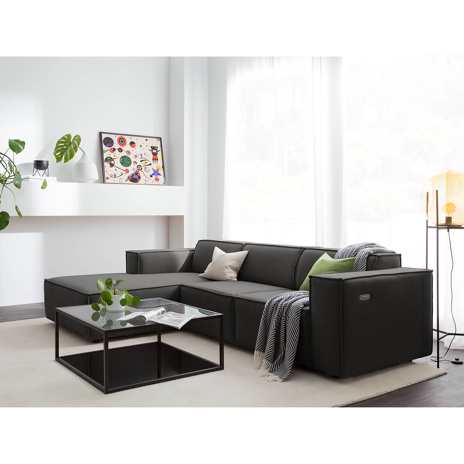 home24 Ecksofa Kinx I 2-Sitzer Anthrazit Webstoff 260x70x177 cm (BxHxT) Modern