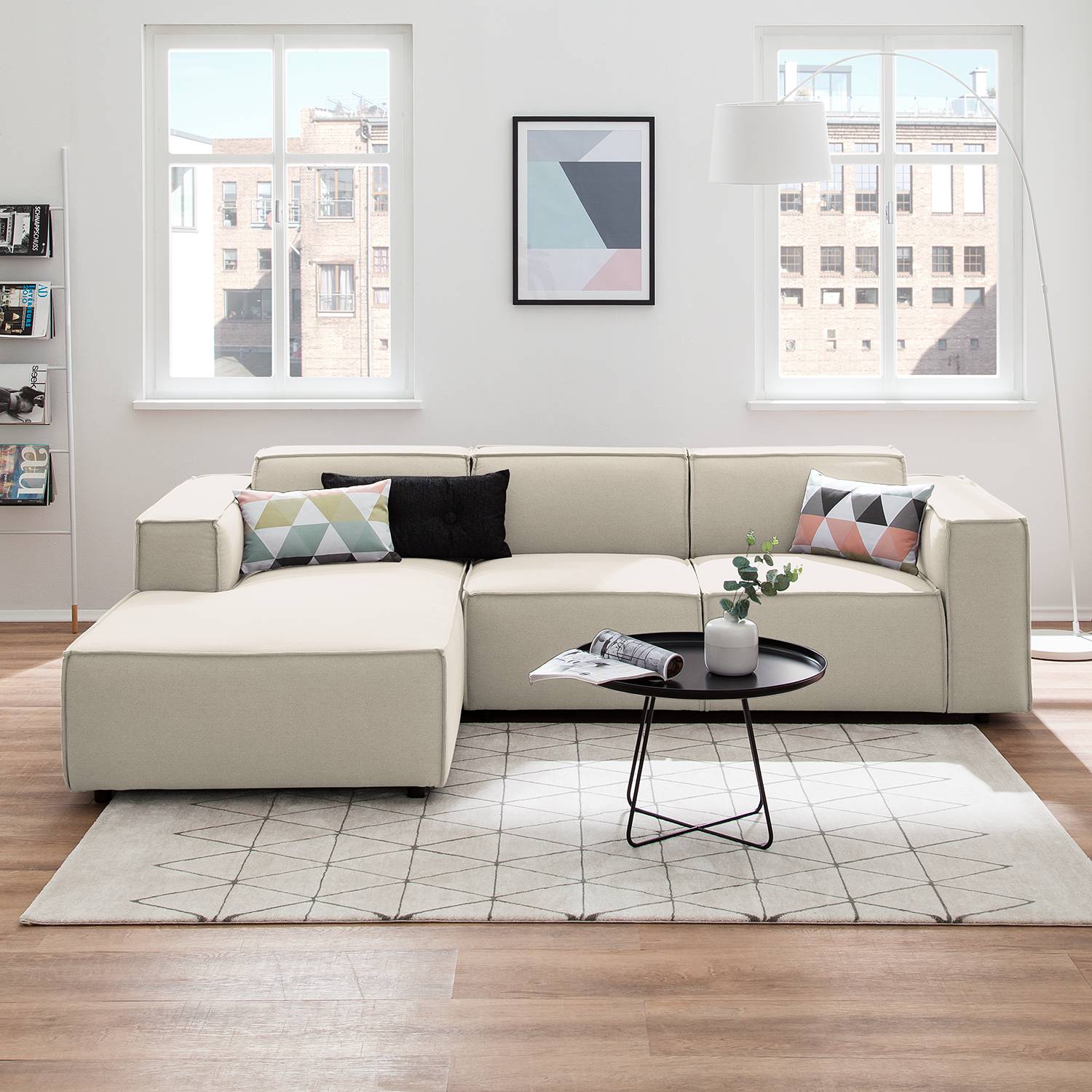 home24 Ecksofa Kinx I 2-Sitzer Altweiß Strukturstoff 260x70x177 cm (BxHxT) Modern
