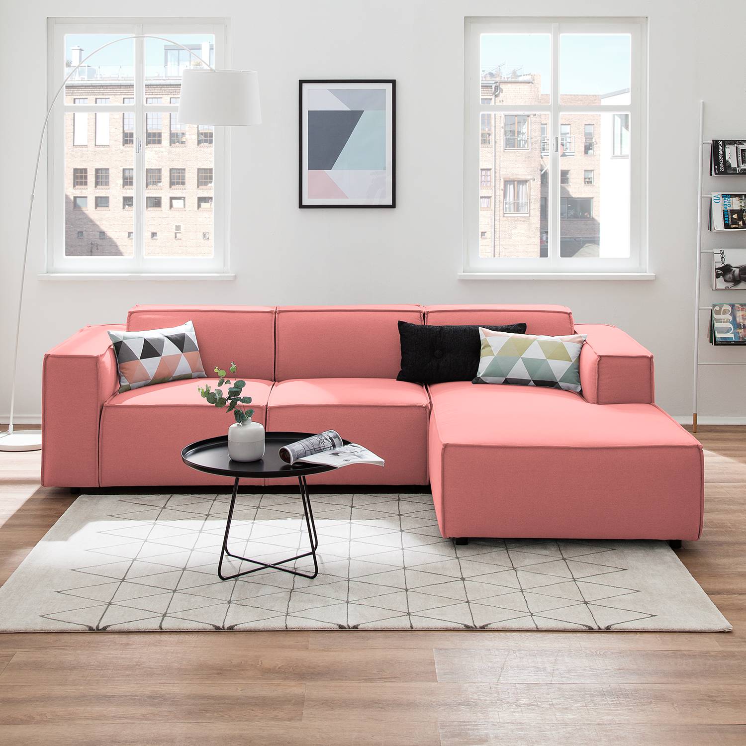 home24 Ecksofa Kinx I 2-Sitzer Koralle Strukturstoff 260x70x177 cm (BxHxT) Modern