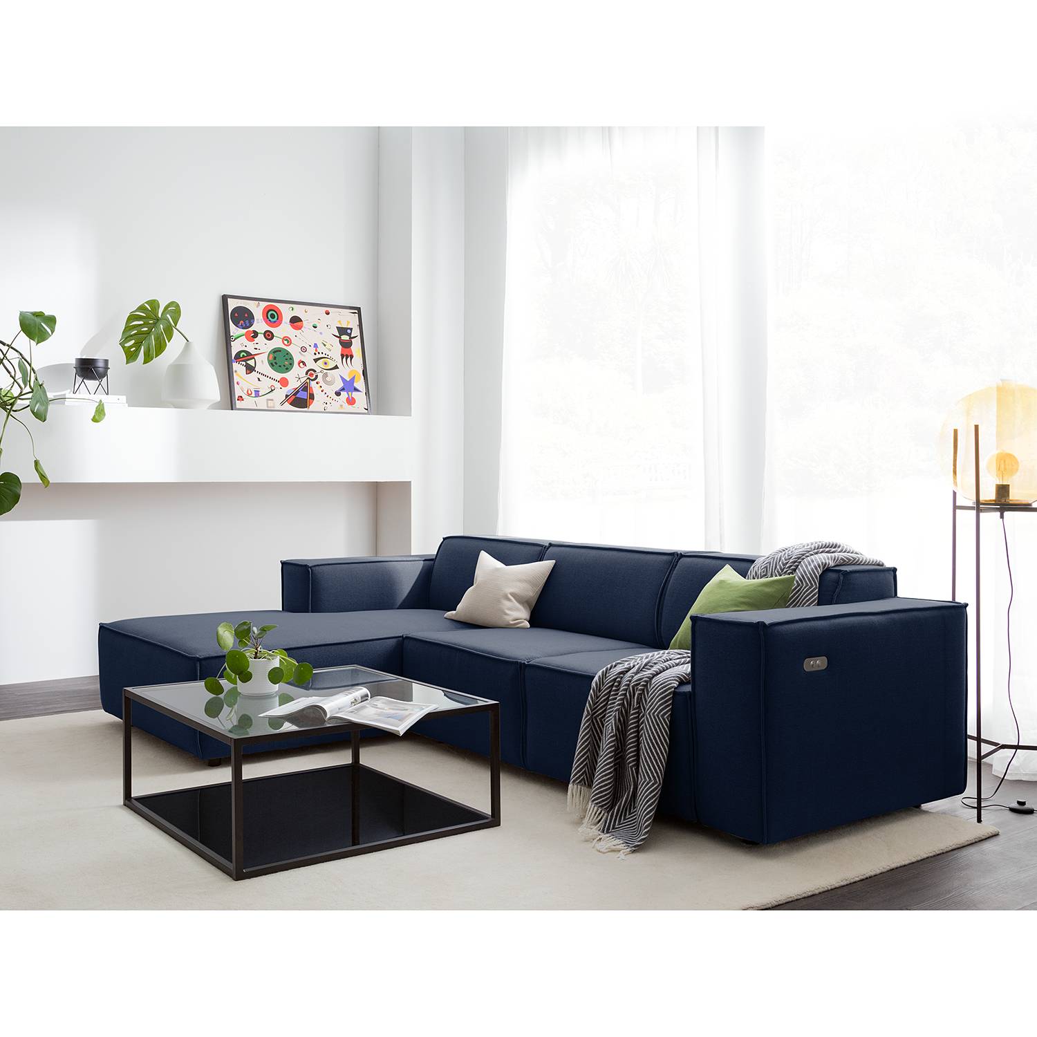 home24 Ecksofa Kinx I 2-Sitzer Dunkelblau Webstoff 260x70x177 cm (BxHxT) Modern