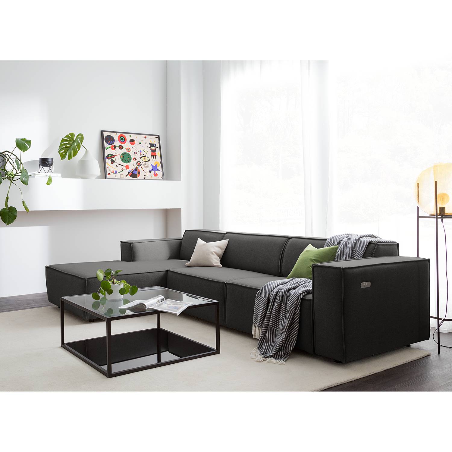 home24 Ecksofa Kinx II 2,5-Sitzer Anthrazit Webstoff 294x70x177 cm (BxHxT) Modern