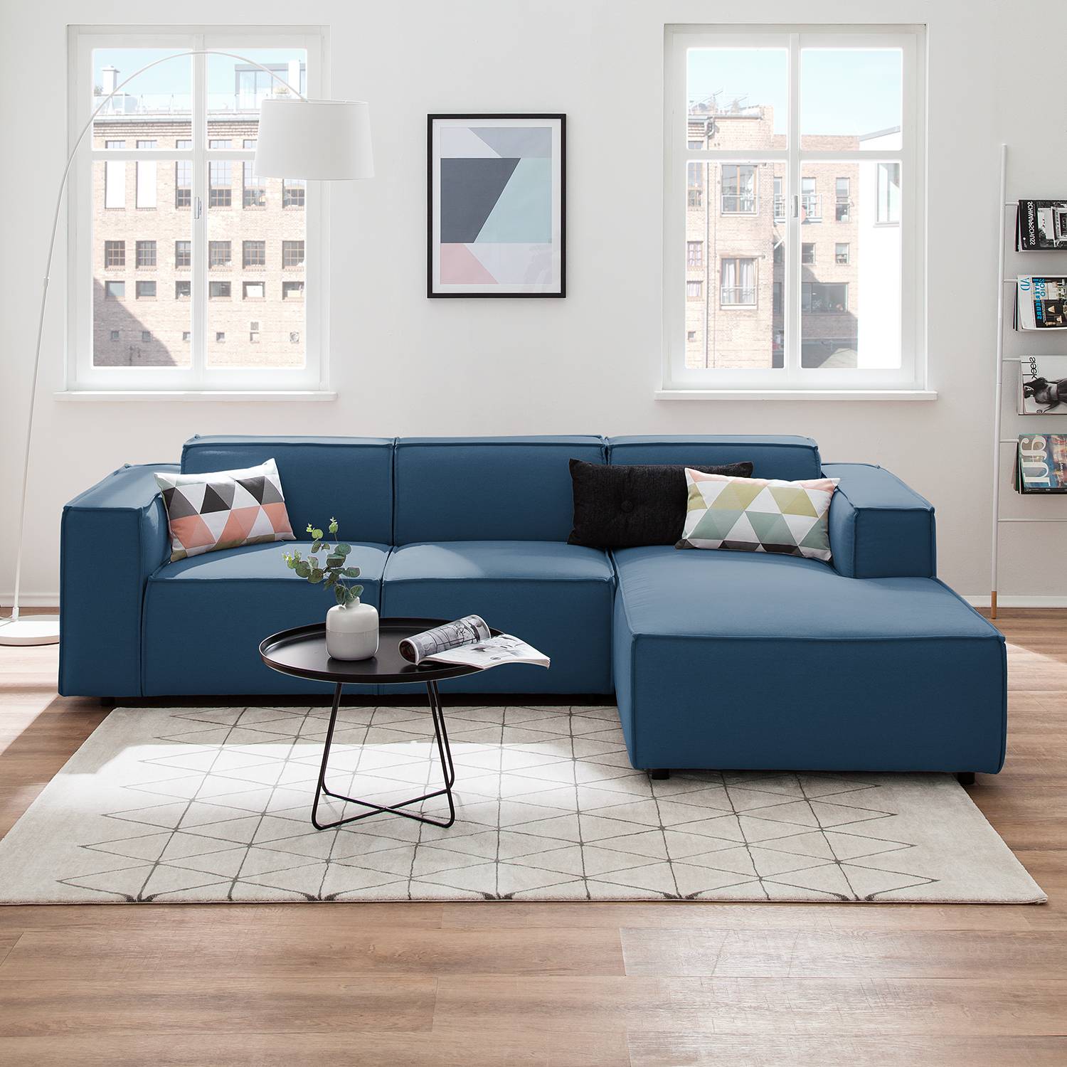 home24 Ecksofa Kinx I 2-Sitzer Dunkelblau Strukturstoff 260x70x177 cm (BxHxT) Modern