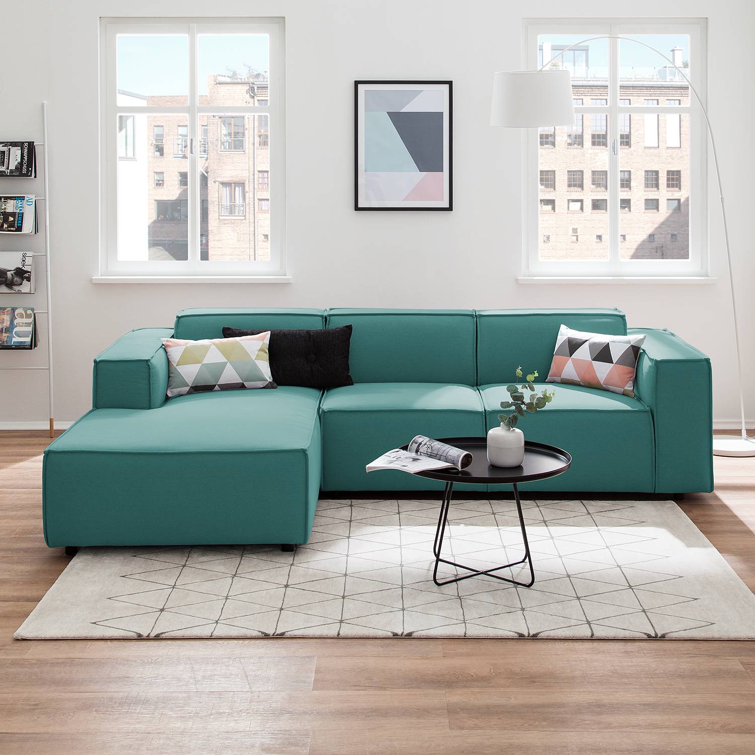 home24 Ecksofa Kinx I 2-Sitzer Petrol Strukturstoff 260x70x177 cm (BxHxT) Modern