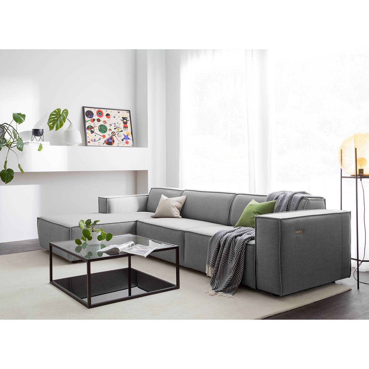 home24 Ecksofa Kinx II 2,5-Sitzer Hellgrau Webstoff 294x70x177 cm (BxHxT) Modern