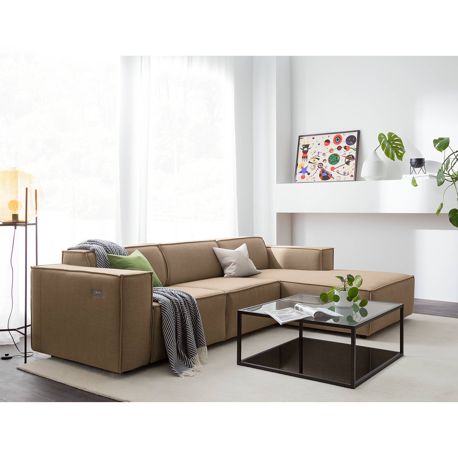 home24 Ecksofa Kinx I 2-Sitzer Grau/Braun Webstoff 260x70x177 cm (BxHxT) Modern