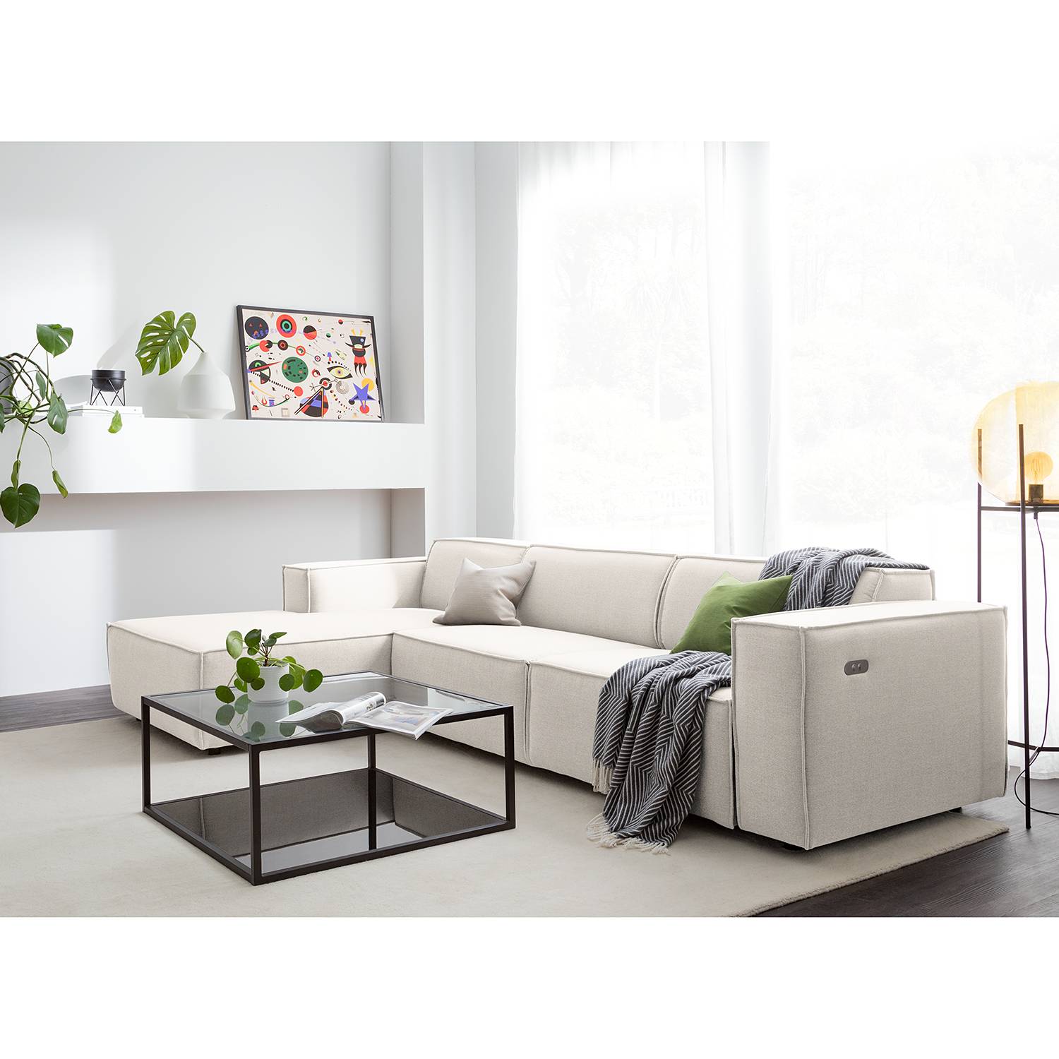 home24 Ecksofa Kinx II 2,5-Sitzer Altweiß Webstoff 294x70x177 cm (BxHxT) Modern