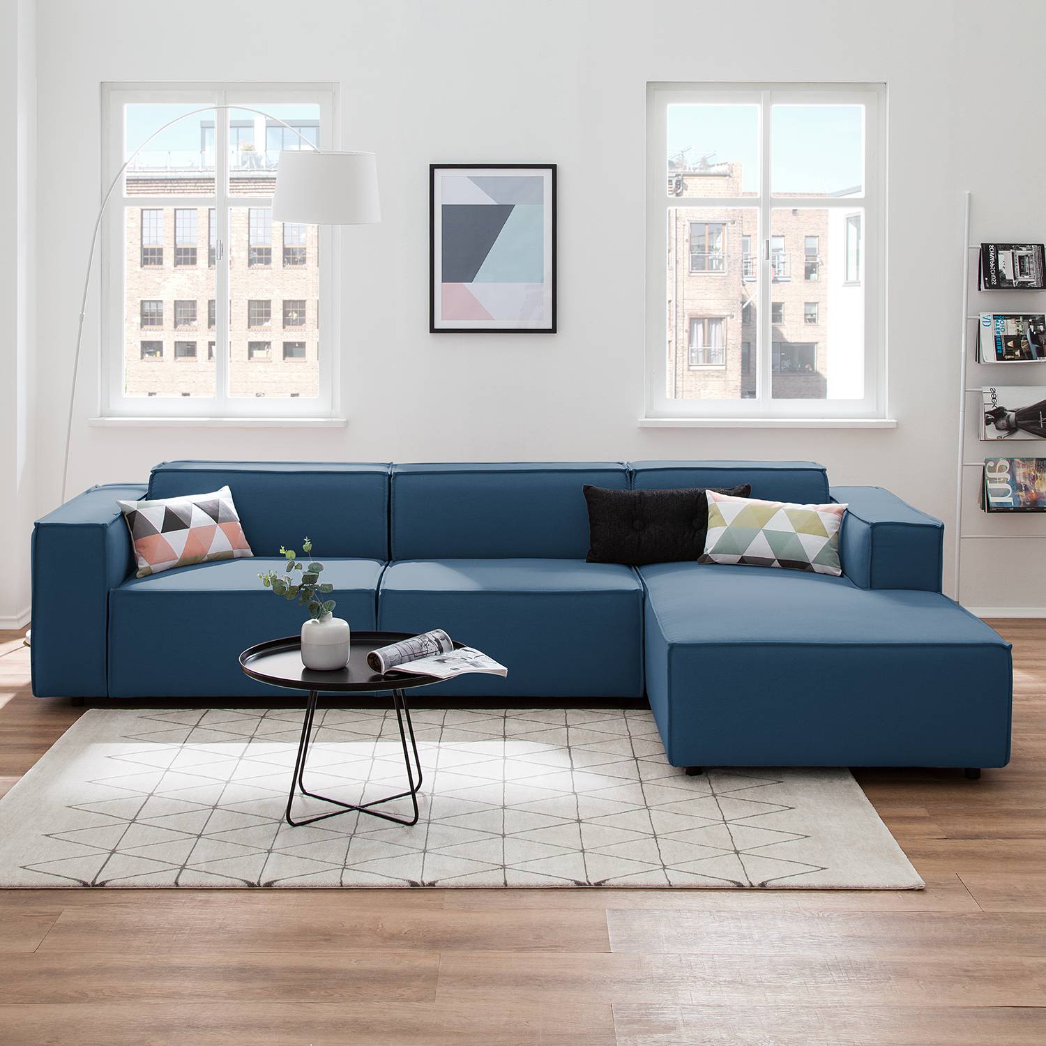 home24 Ecksofa Kinx II 2,5-Sitzer Dunkelblau Strukturstoff 294x70x177 cm (BxHxT) Modern