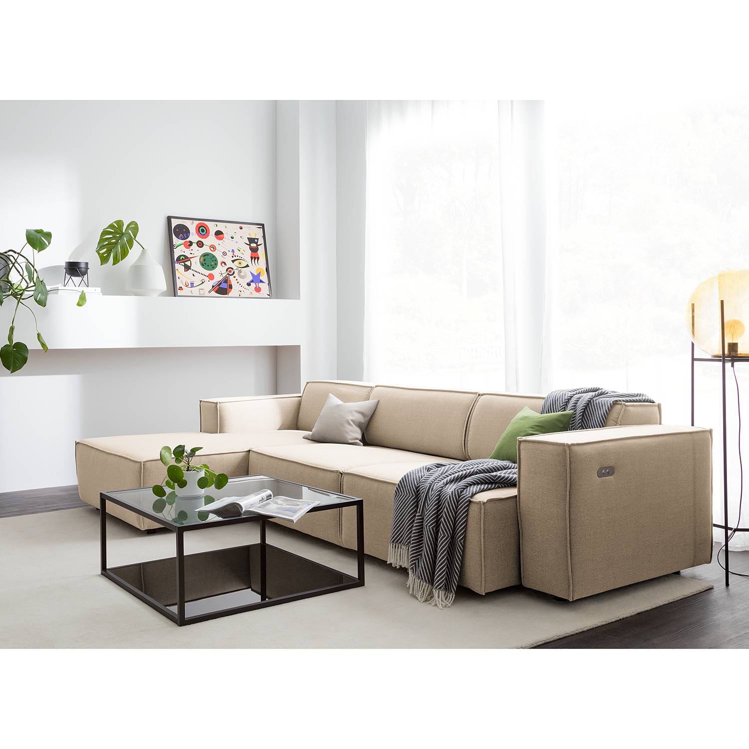 home24 Ecksofa Kinx II 2,5-Sitzer Beige Webstoff 294x70x177 cm (BxHxT) Modern
