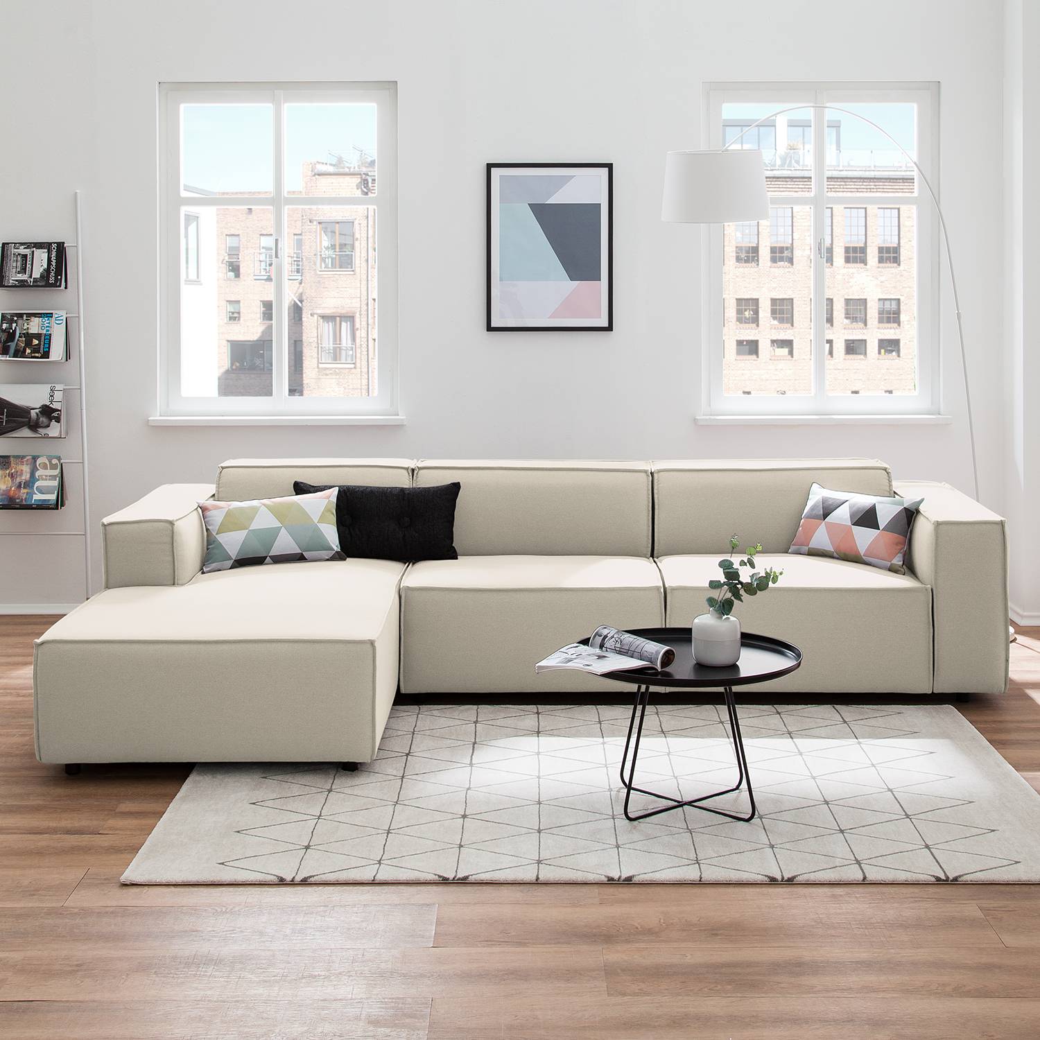 home24 Ecksofa Kinx II 2,5-Sitzer Altweiß Strukturstoff 294x70x177 cm (BxHxT) Modern