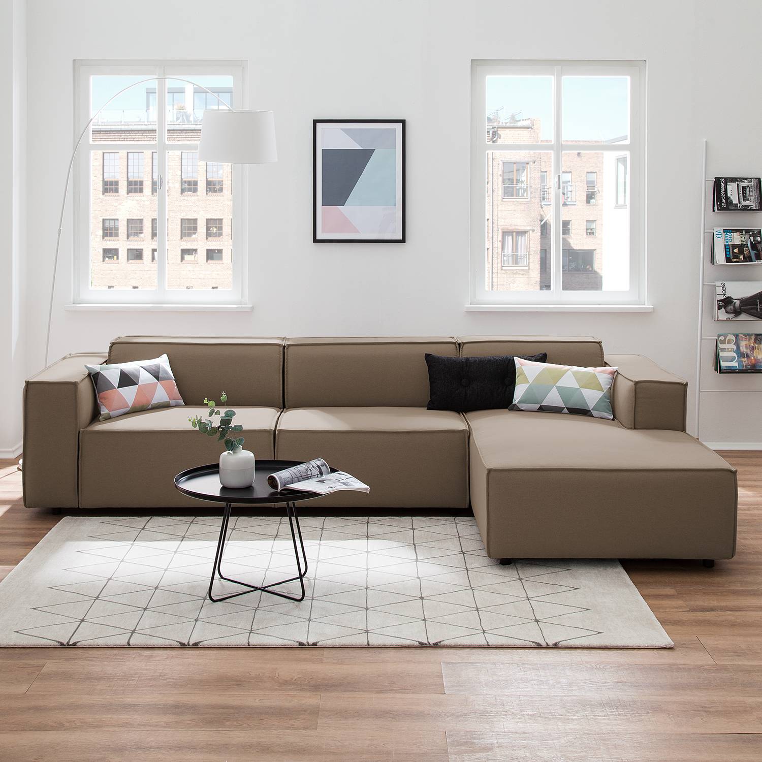 home24 Ecksofa Kinx II 2,5-Sitzer Cappuccino Strukturstoff 294x70x177 cm (BxHxT) Modern