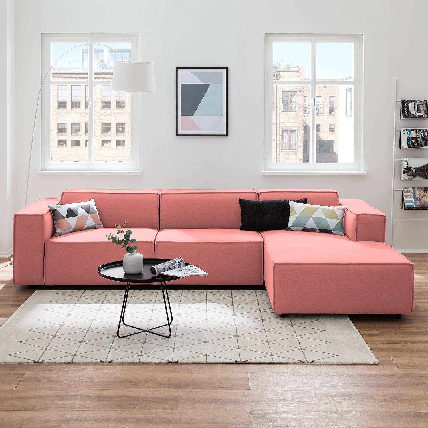 home24 Ecksofa Kinx II 2,5-Sitzer Koralle Strukturstoff 294x70x177 cm (BxHxT) Modern