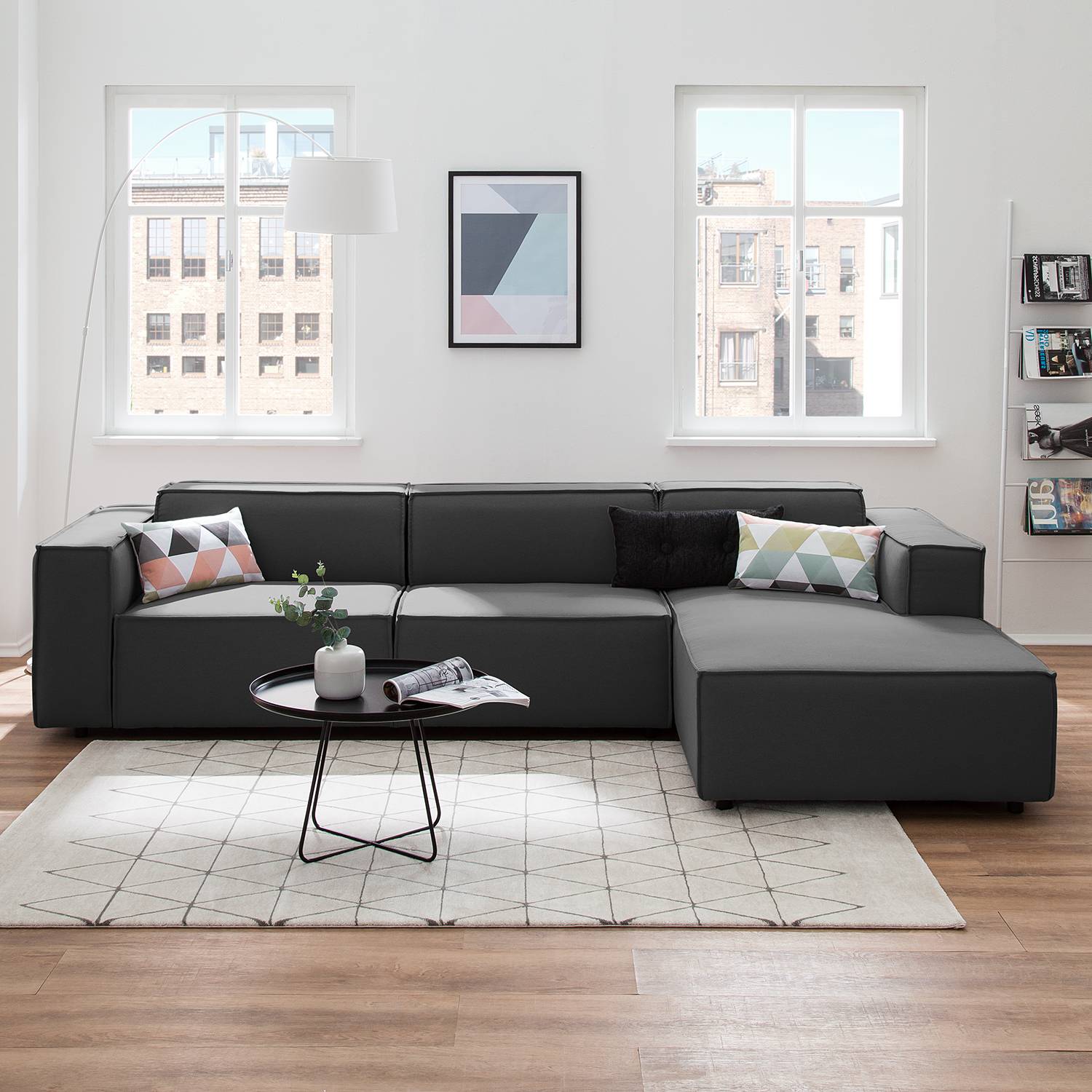 home24 Ecksofa Kinx II 2,5-Sitzer Anthrazit Strukturstoff 294x70x177 cm (BxHxT) Modern