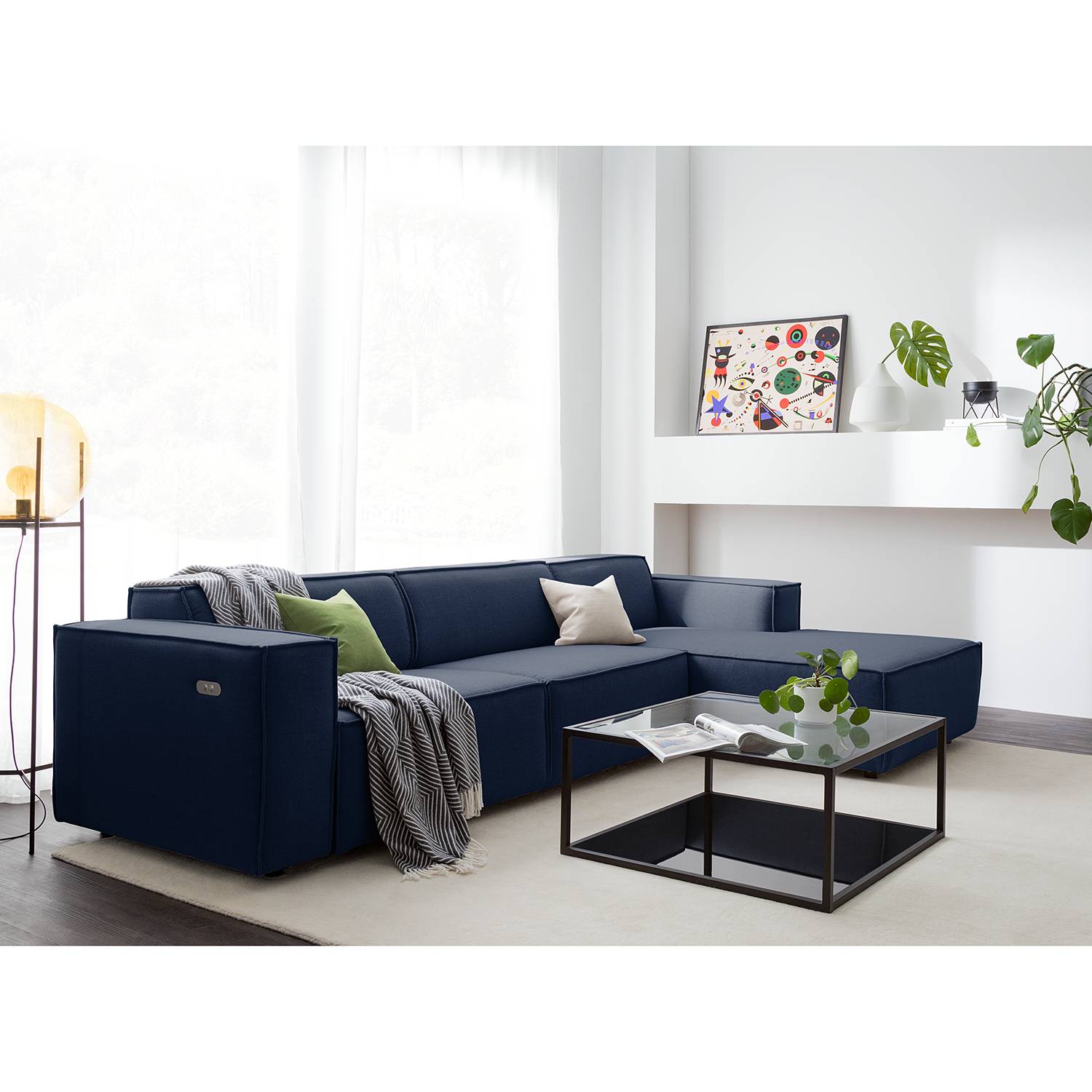 home24 Ecksofa Kinx II 2,5-Sitzer Dunkelblau Webstoff 294x70x177 cm (BxHxT) Modern