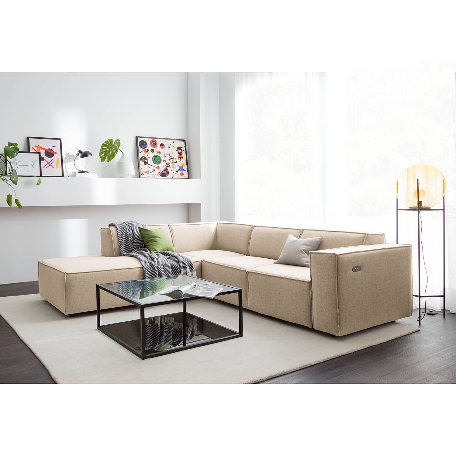 home24 Ecksofa Kinx III 2-Sitzer Beige Webstoff 259x70x234 cm (BxHxT) Modern