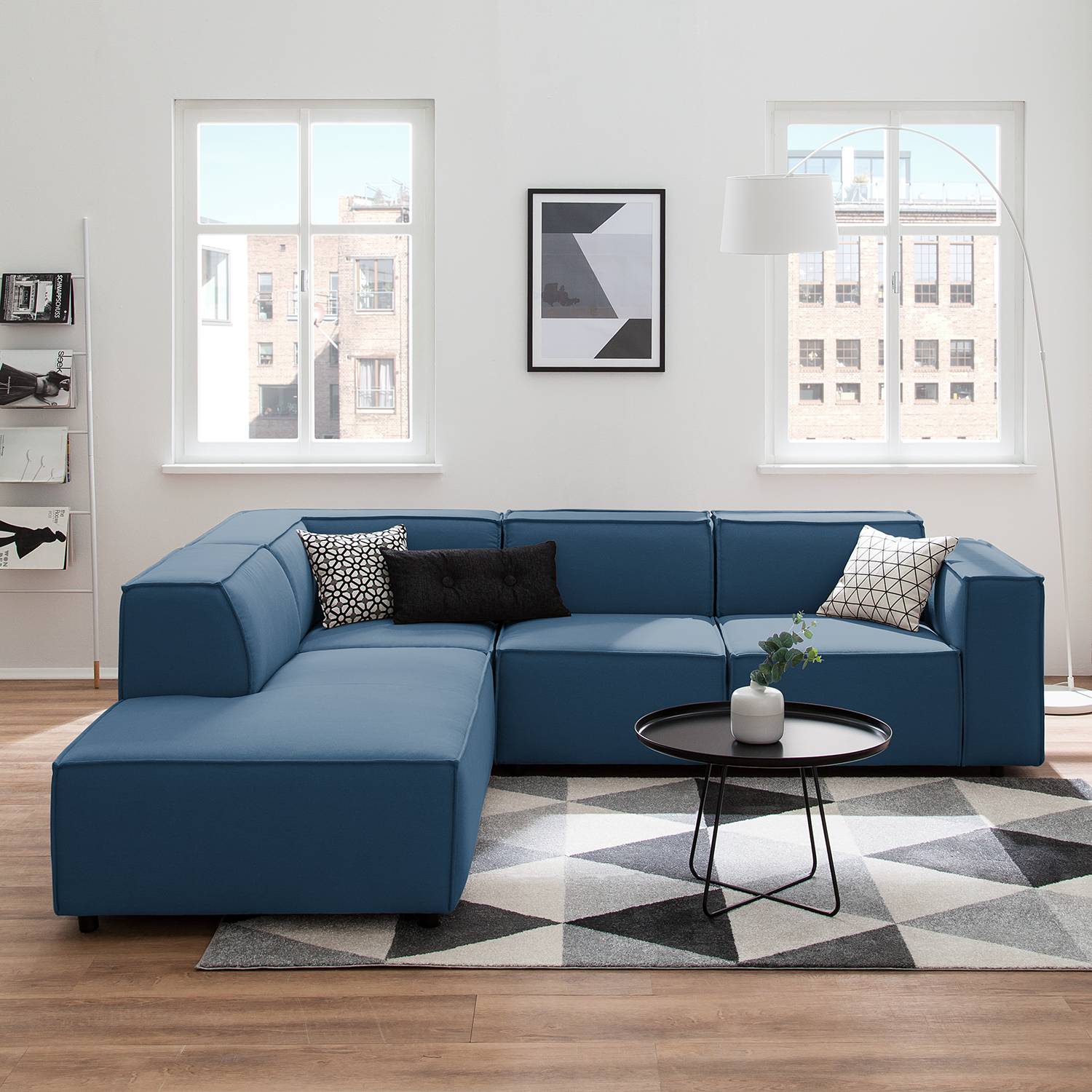 home24 Ecksofa Kinx III 2-Sitzer Dunkelblau Strukturstoff 259x70x234 cm (BxHxT) Modern