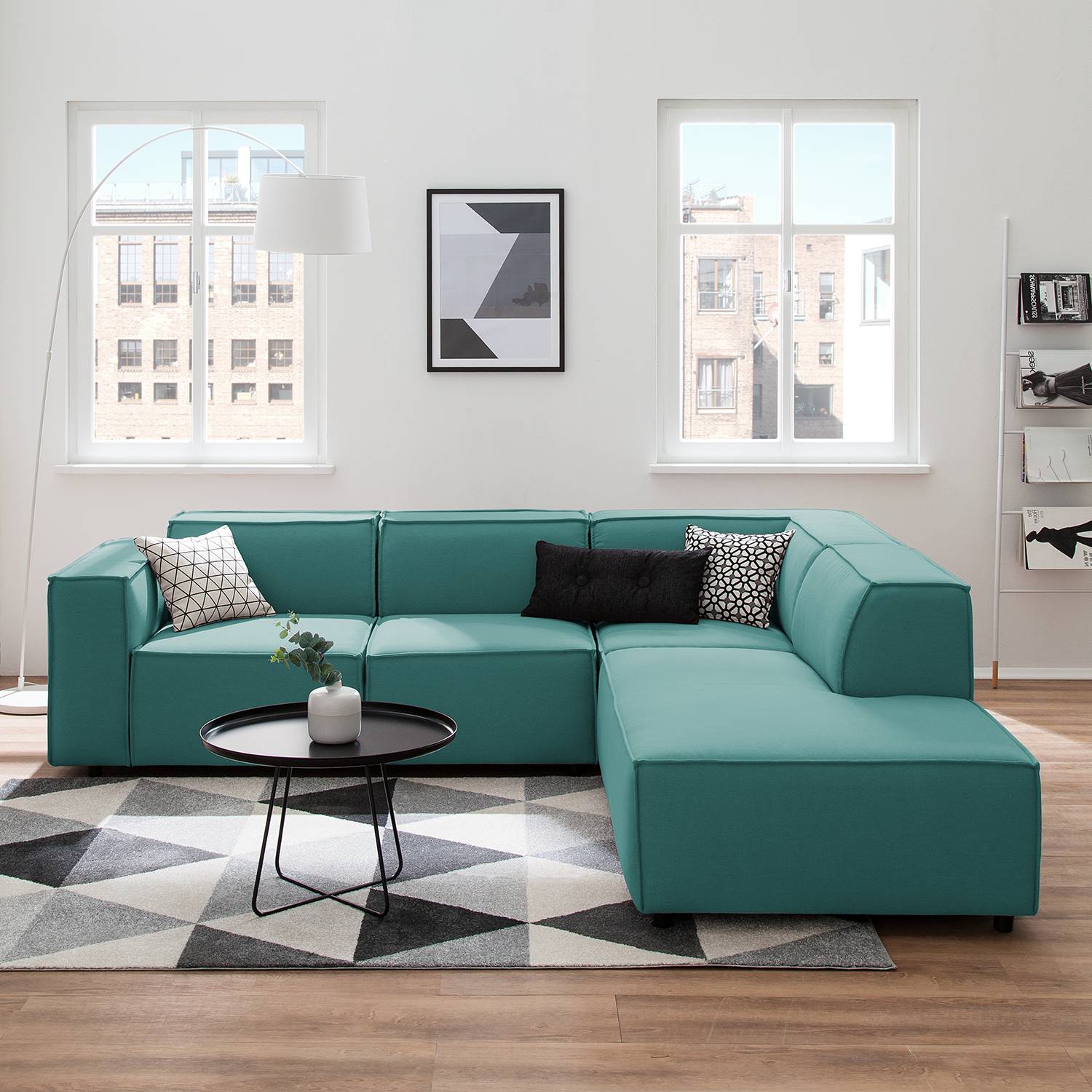 home24 Ecksofa Kinx III 2-Sitzer Petrol Strukturstoff 259x70x234 cm (BxHxT) Modern