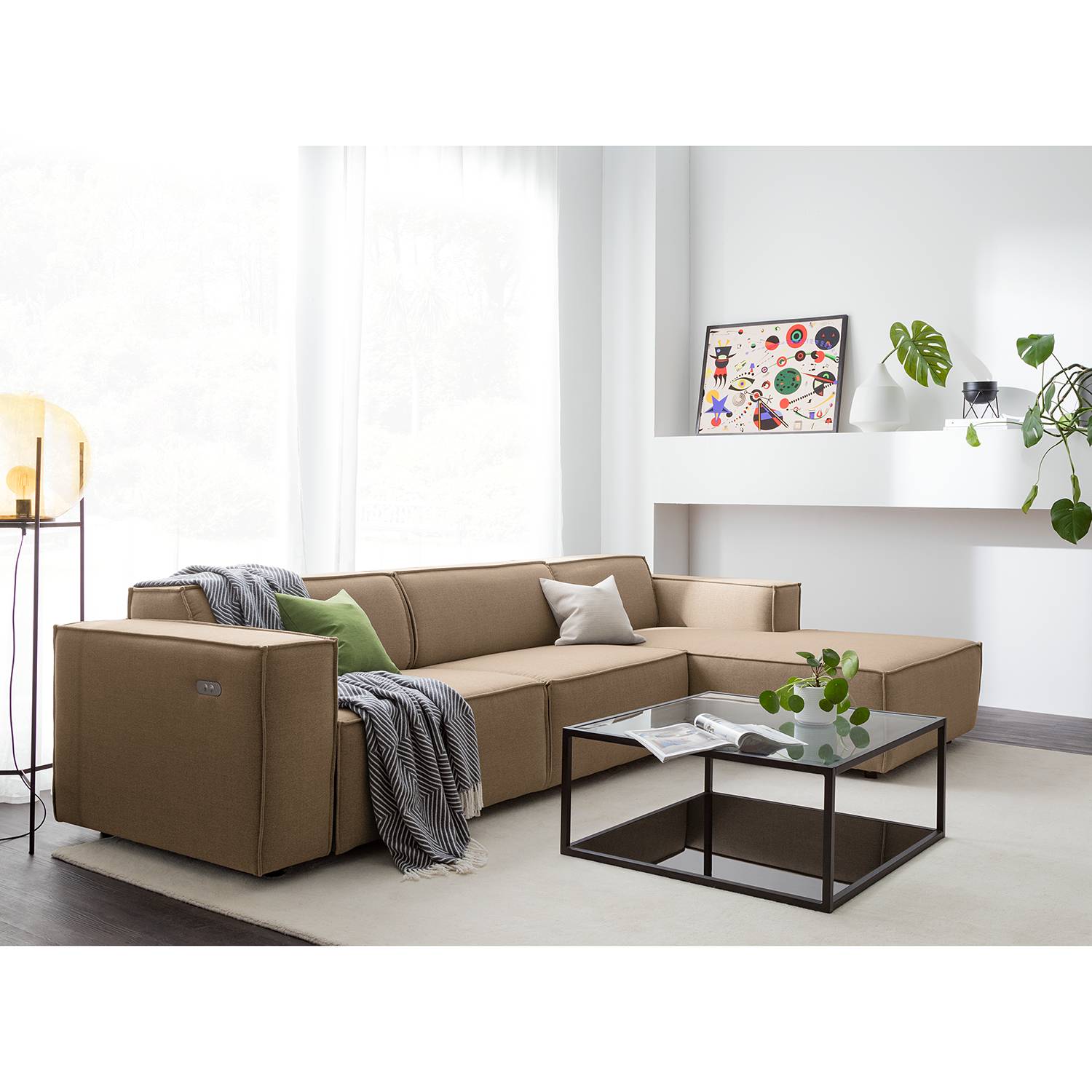 home24 Ecksofa Kinx II 2,5-Sitzer Grau/Braun Webstoff 294x70x177 cm (BxHxT) Modern