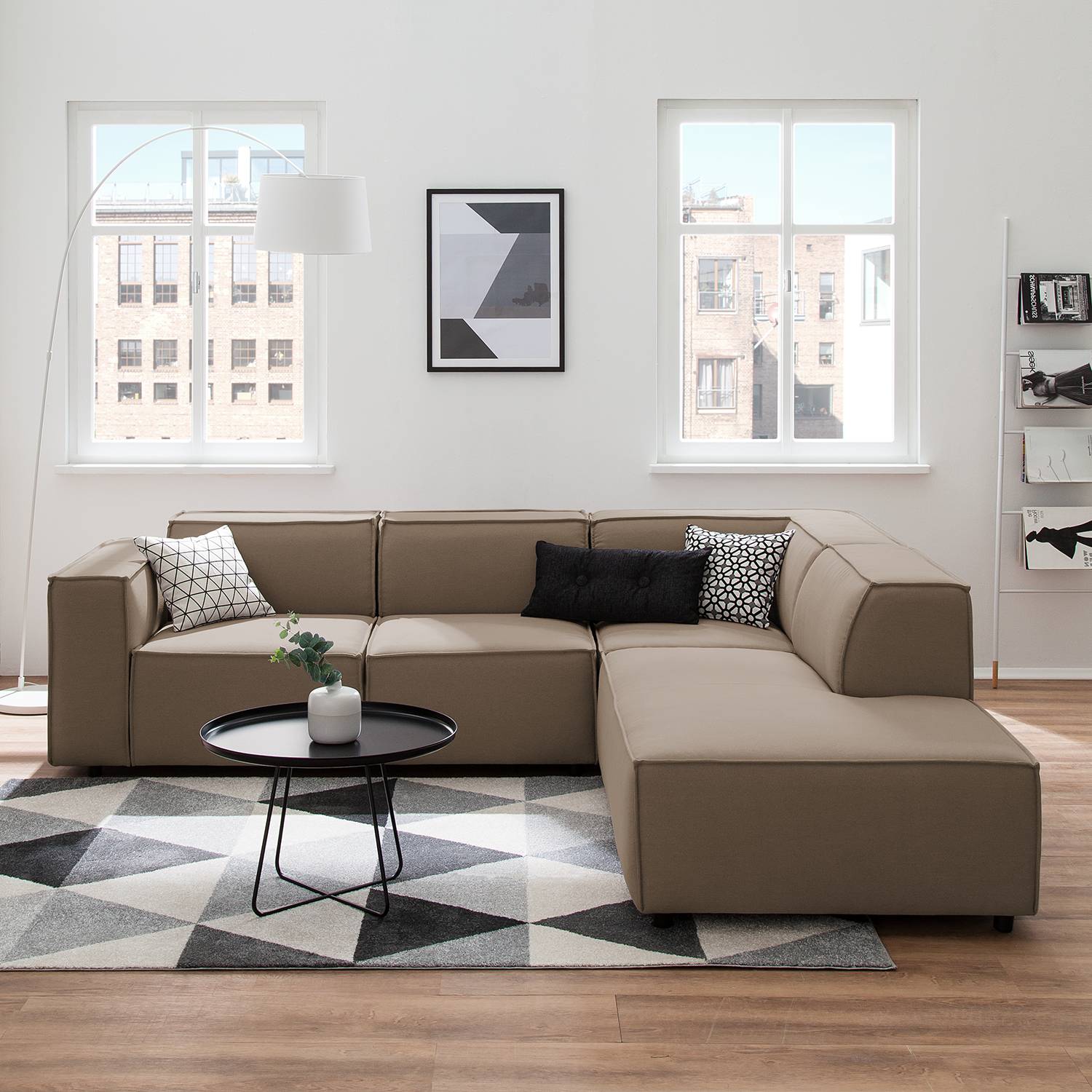 home24 Ecksofa Kinx III 2-Sitzer Cappuccino Strukturstoff 259x70x234 cm (BxHxT) Modern