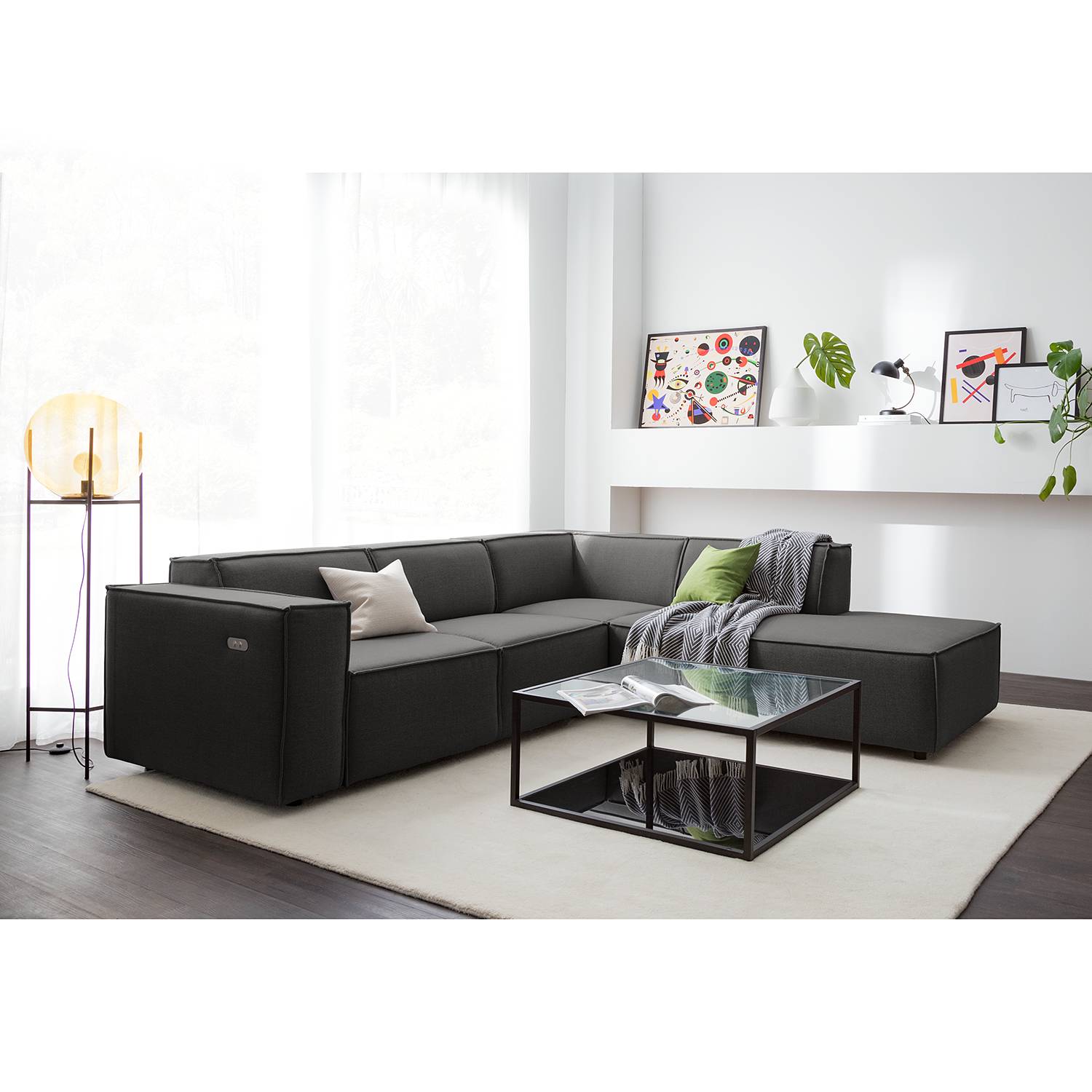 home24 Ecksofa Kinx III 2-Sitzer Anthrazit Webstoff 259x70x234 cm (BxHxT) Modern
