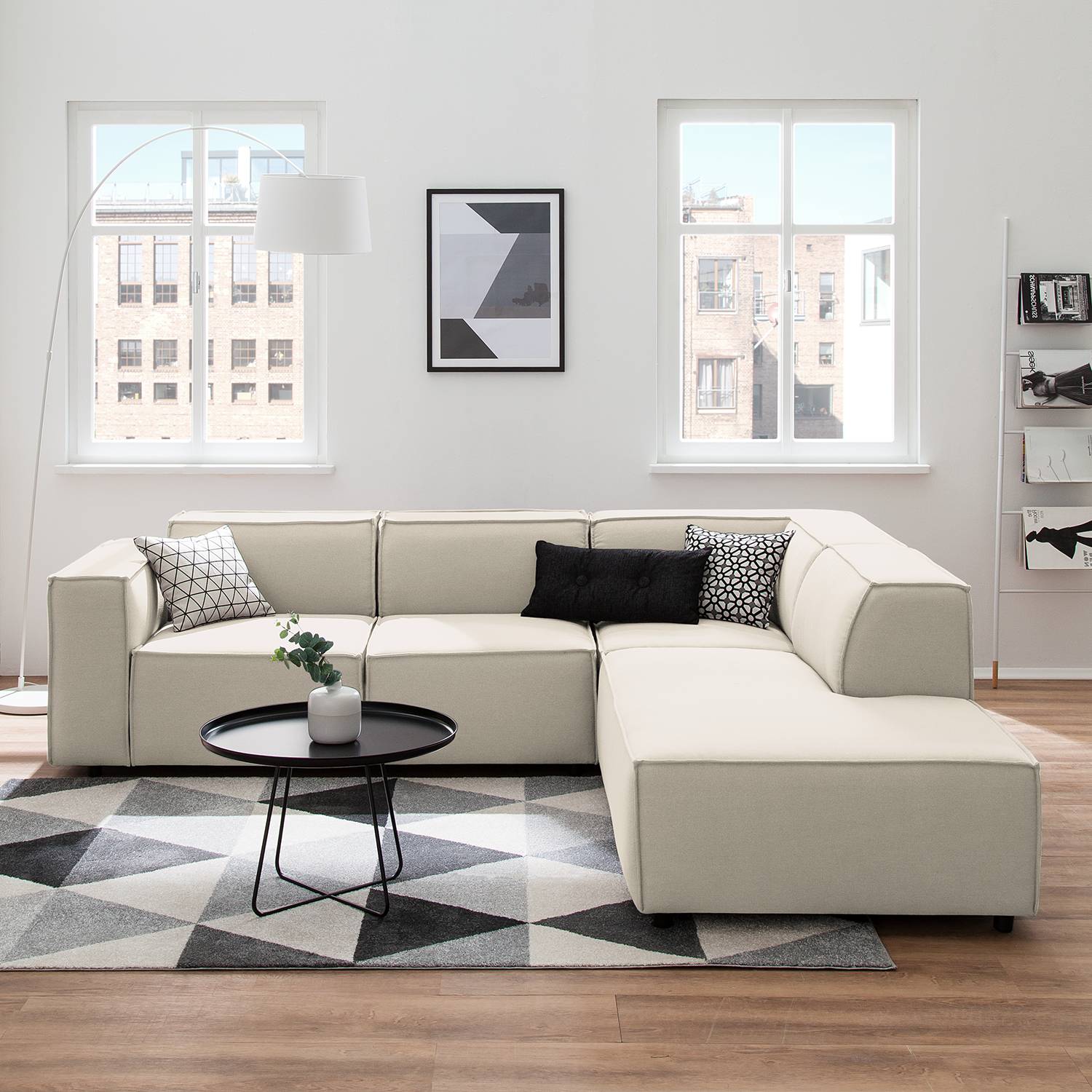 home24 Ecksofa Kinx III 2-Sitzer Altweiß Strukturstoff 259x70x234 cm (BxHxT) Modern