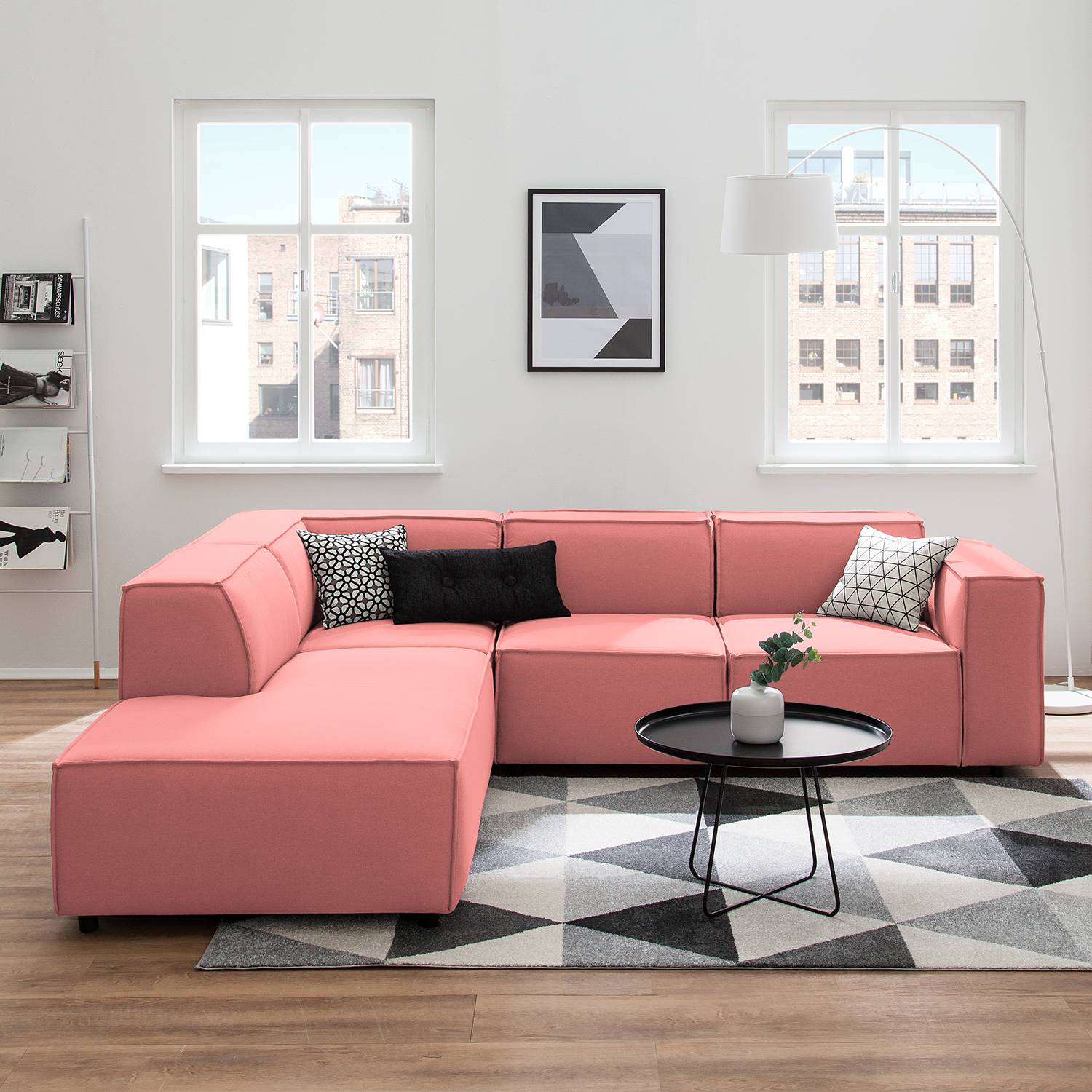 home24 Ecksofa Kinx III 2-Sitzer Koralle Strukturstoff 259x70x234 cm (BxHxT) Modern