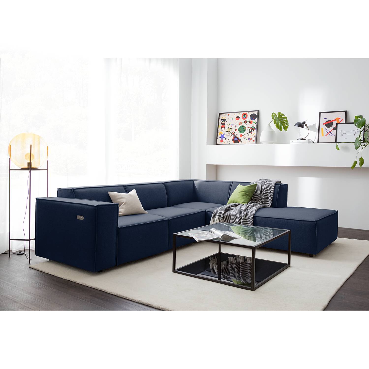 home24 Ecksofa Kinx III 2-Sitzer Dunkelblau Webstoff 259x70x234 cm (BxHxT) Modern