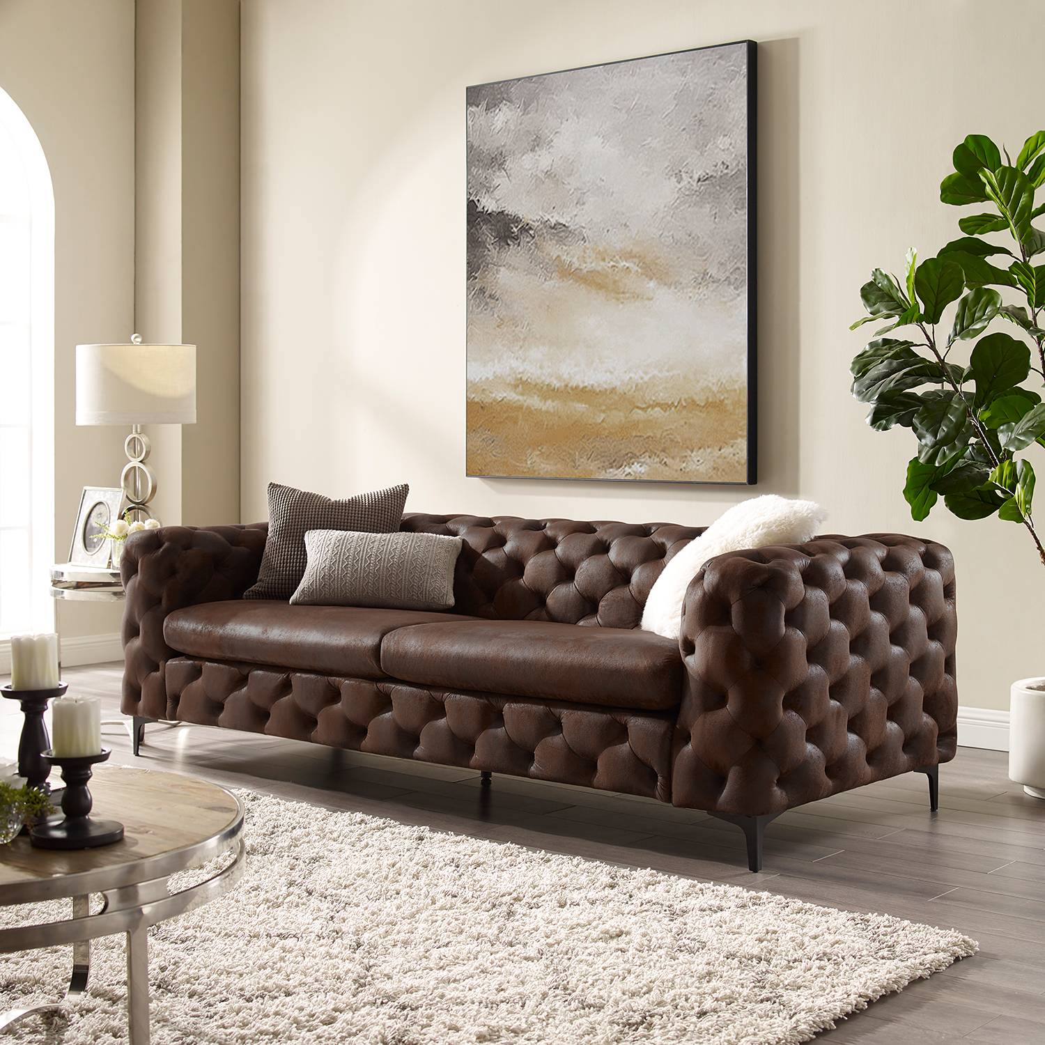 home24 ars manufacti Sofa Leominster II 3-Sitzer Braun Microfaser 238x73x97 cm