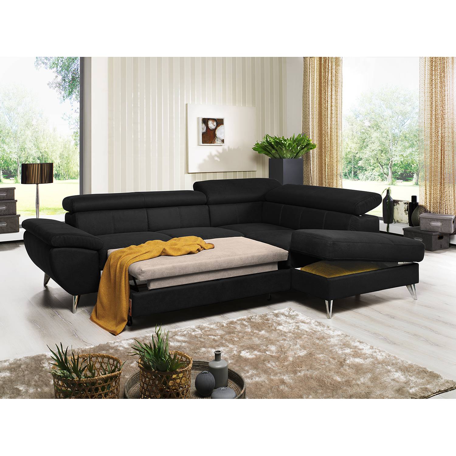 home24 loftscape Ecksofa Hodge Schwarz Echtleder 260x75x207 cm mit Schlaffunktion und Bettkasten