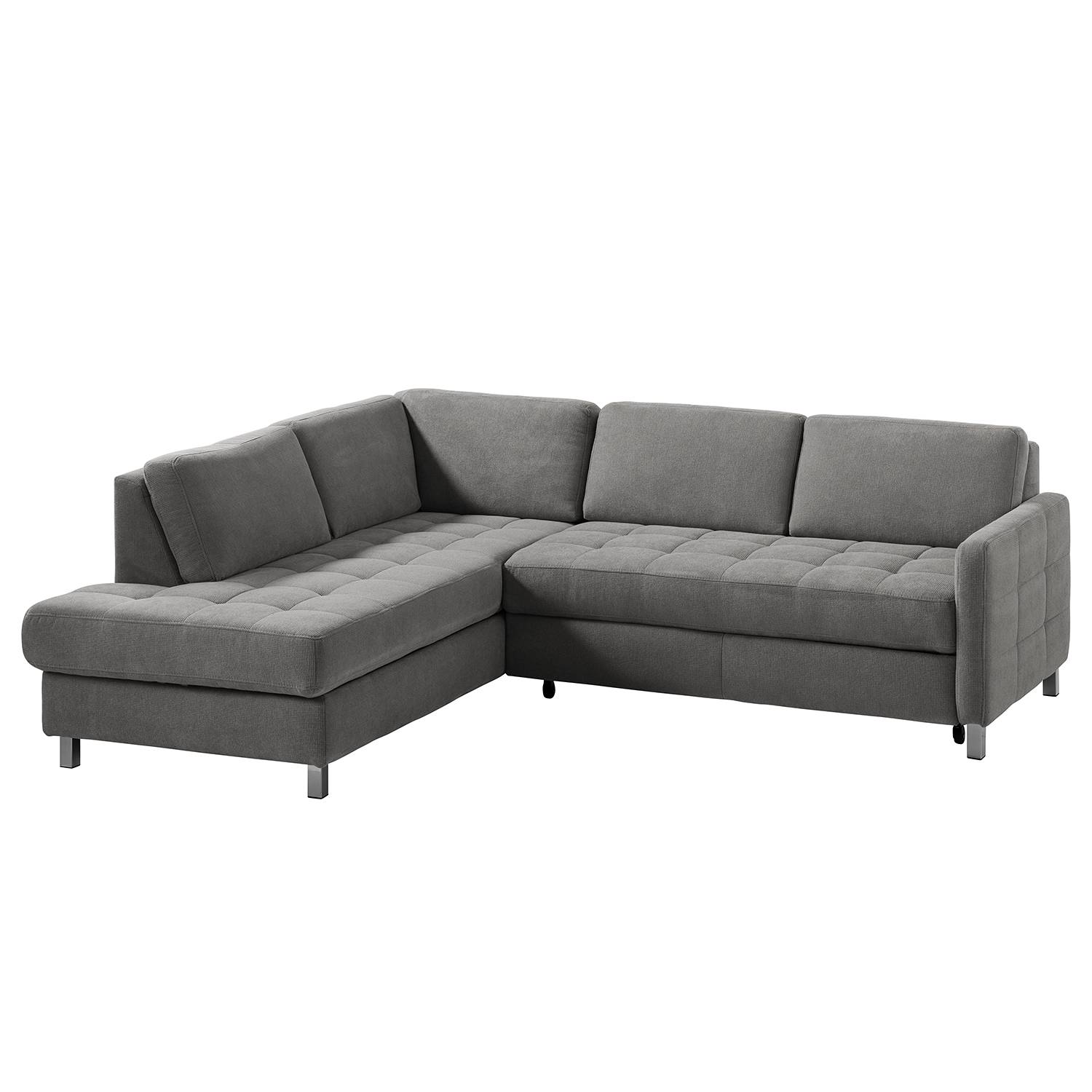 home24 Fredriks Ecksofa Tanete Grau Strukturstoff 233x80x196 cm mit Schlaffunktion und Bettkasten