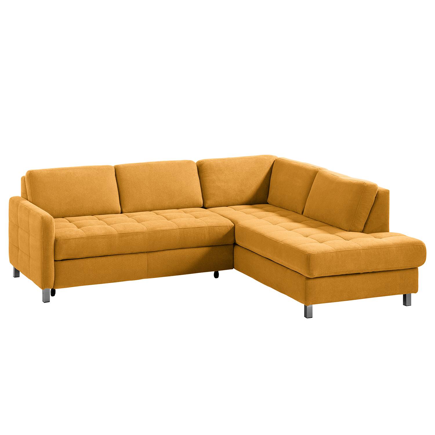home24 Fredriks Ecksofa Tanete Safrangelb Webstoff 233x80x196 cm mit Schlaffunktion und Bettkasten