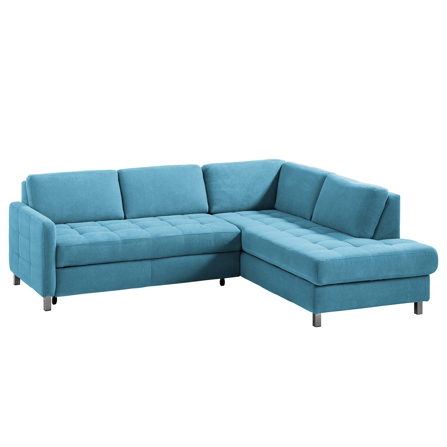 home24 Fredriks Ecksofa Tanete Aqua Webstoff 233x80x196 cm mit Schlaffunktion und Bettkasten