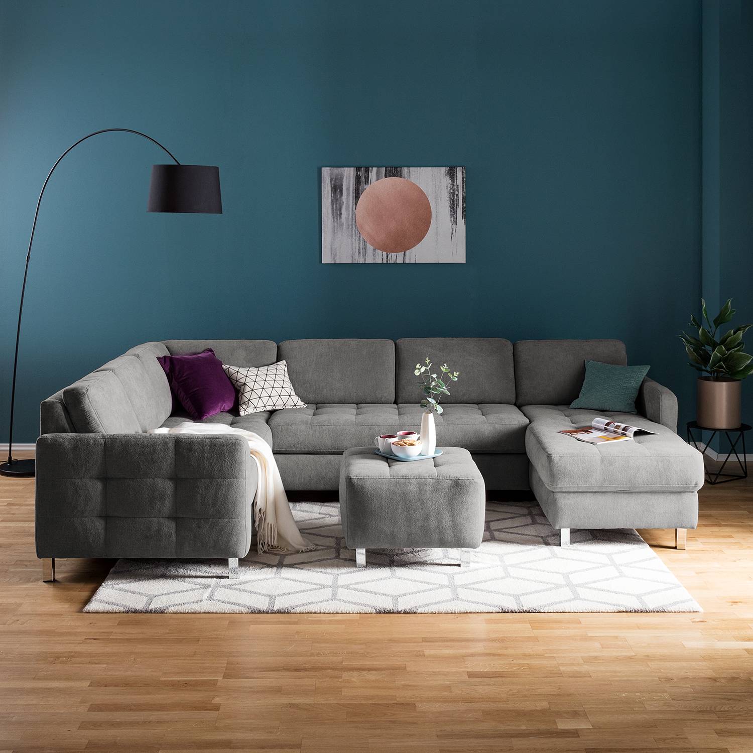 home24 Fredriks Wohnlandschaft Tanete Grau Strukturstoff 292x80x204 cm mit Schlaffunktion und Bettkasten
