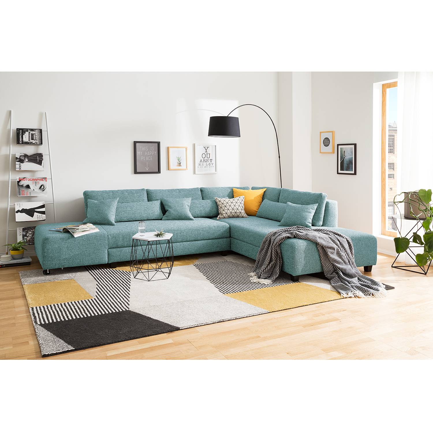 home24 Fredriks Ecksofa Apex Babyblau Webstoff 305x82x221 cm mit Schlaffunktion