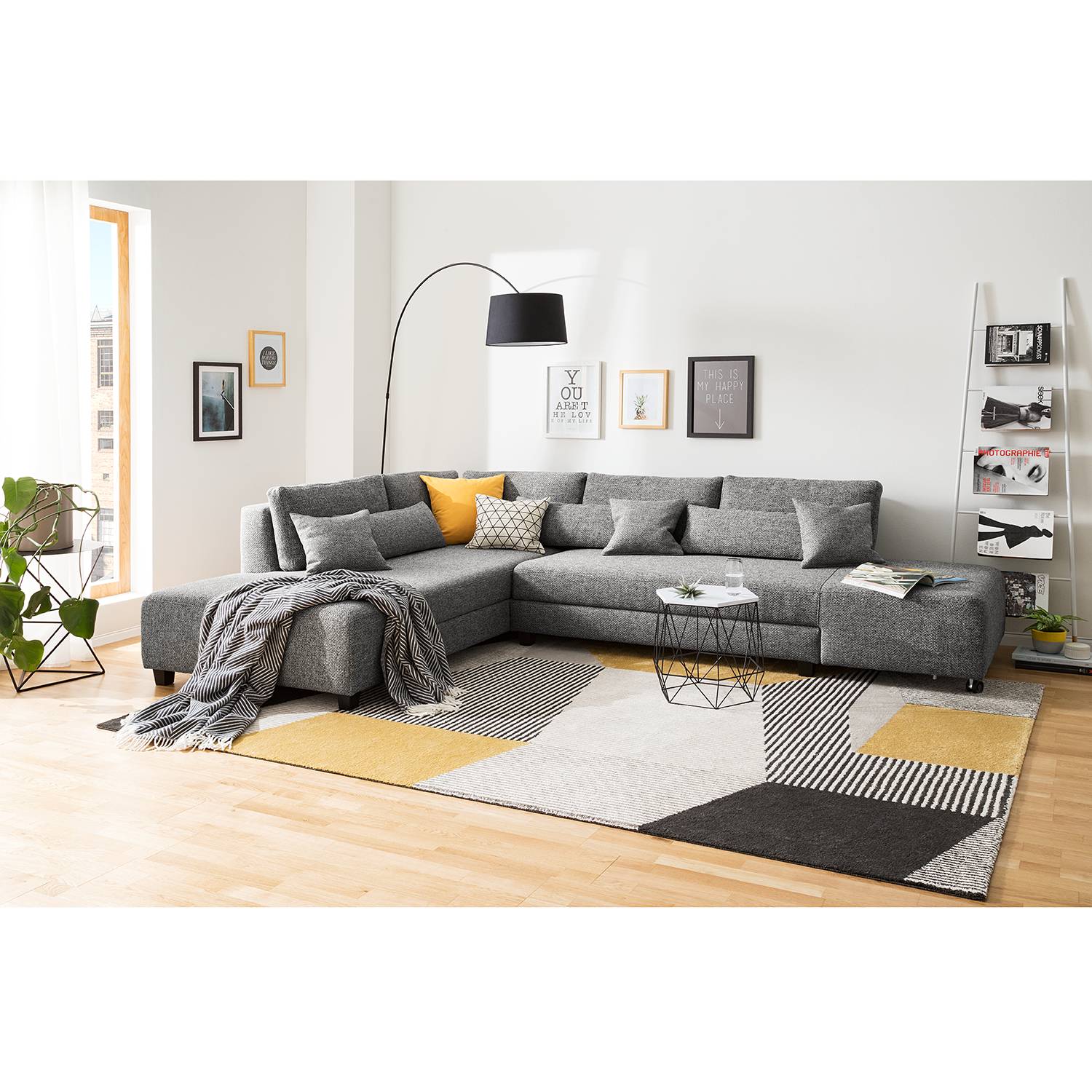 home24 Fredriks Ecksofa Apex Platin Webstoff 305x82x221 cm mit Schlaffunktion