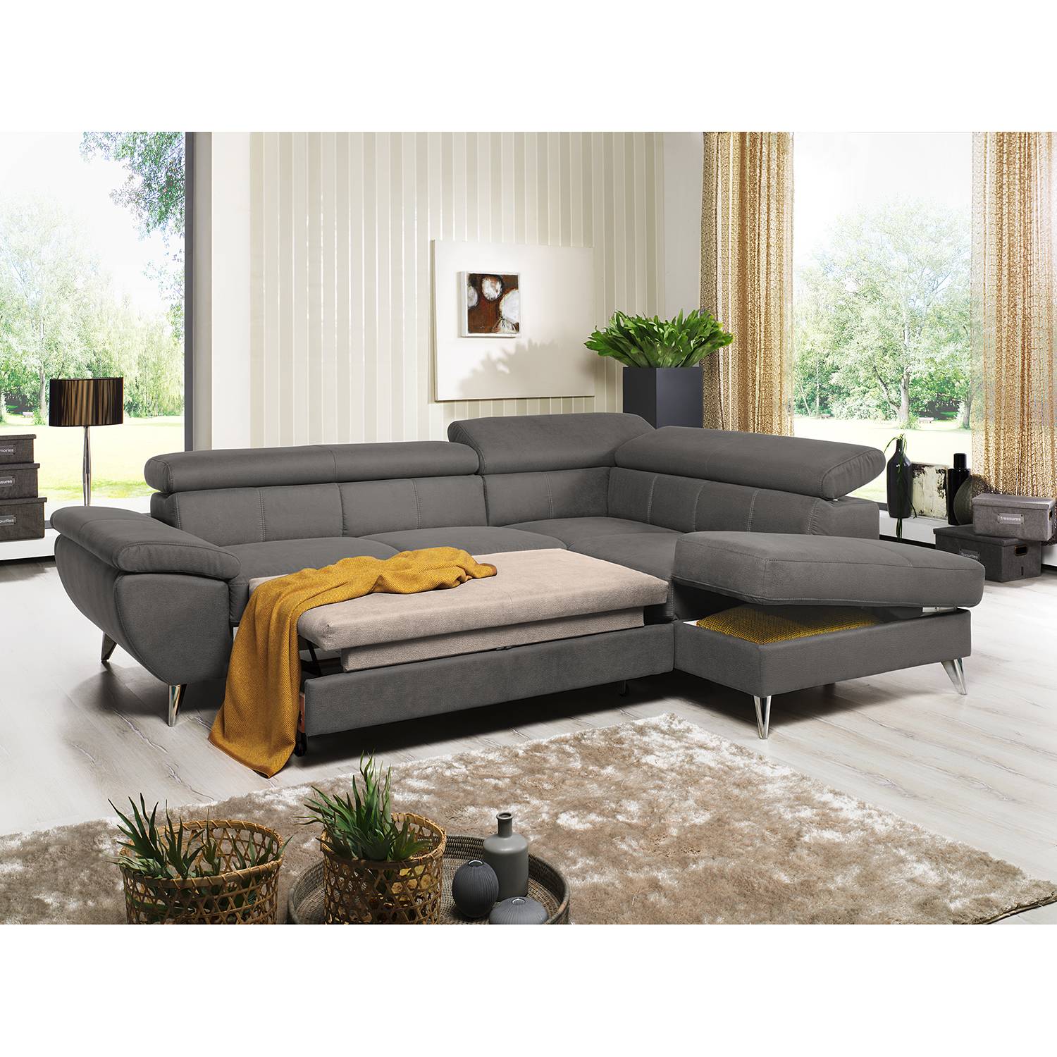 home24 loftscape Ecksofa Hodge Fango Echtleder 260x75x207 cm mit Schlaffunktion und Bettkasten