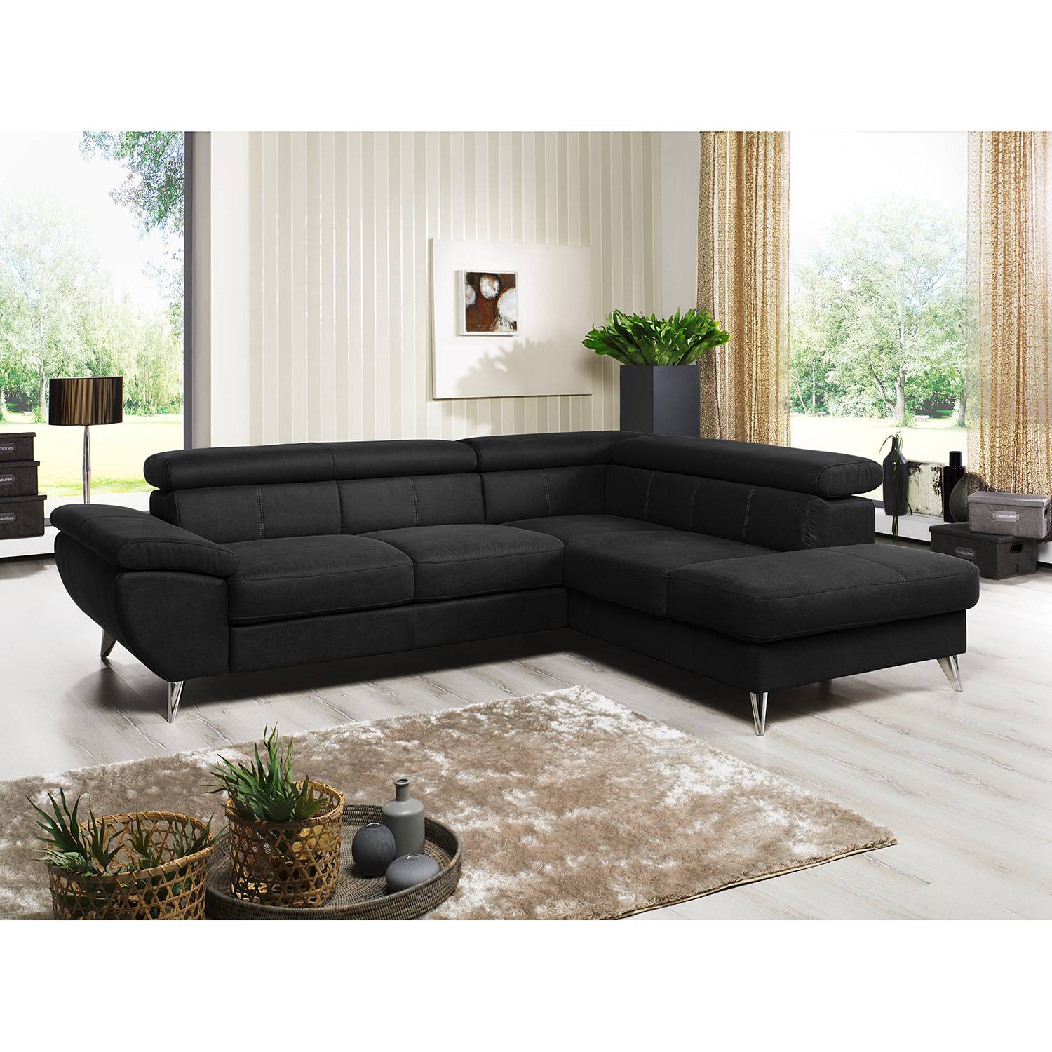 home24 loftscape Ecksofa Hodge Schwarz Echtleder 260x75x207 cm