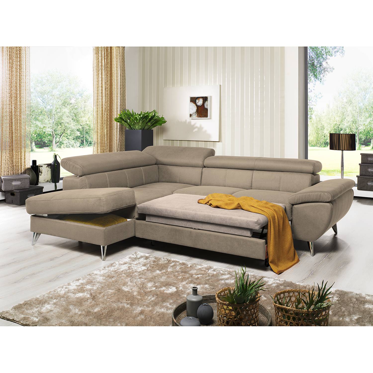home24 loftscape Ecksofa Hodge Cappuccino Echtleder 260x75x207 cm mit Schlaffunktion und Bettkasten