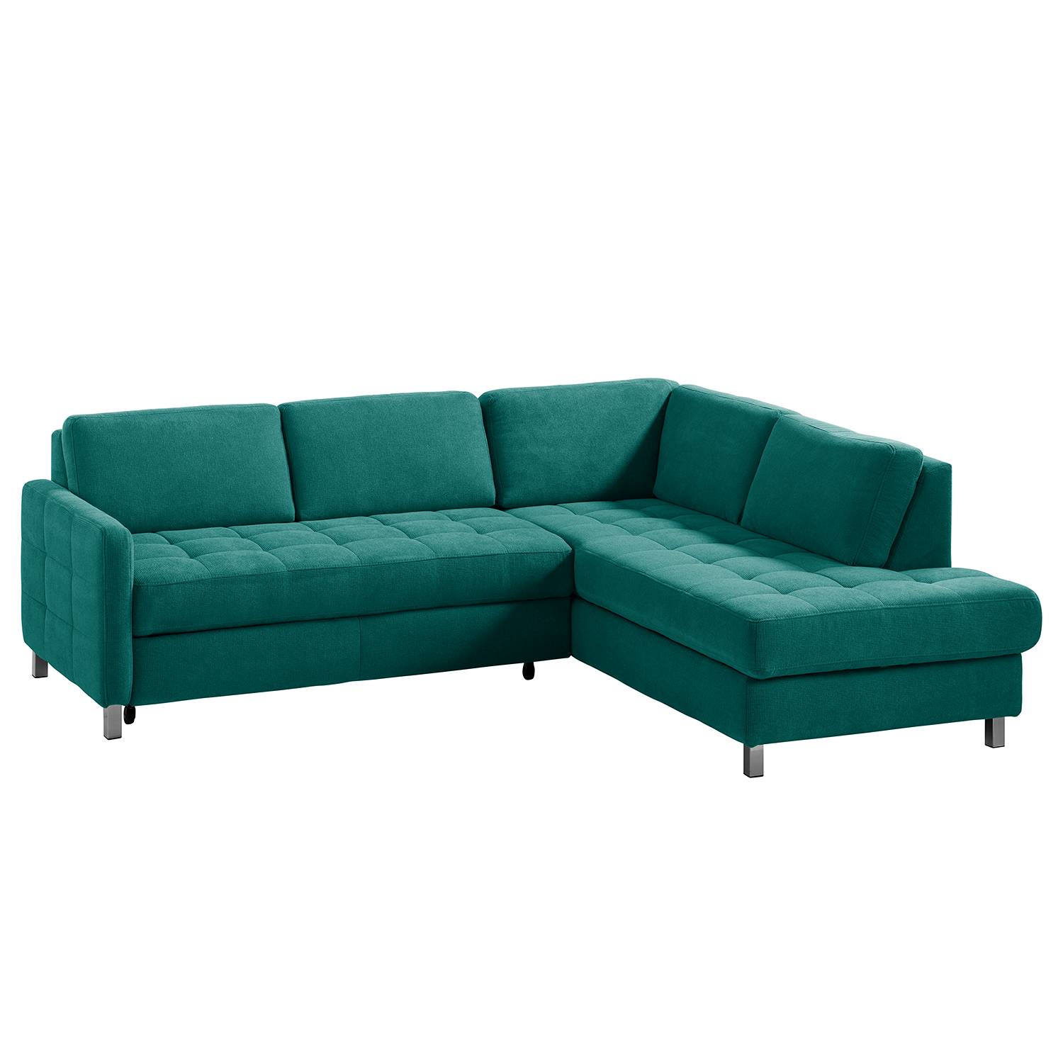 home24 Fredriks Ecksofa Tanete Petrol Webstoff 233x80x196 cm mit Schlaffunktion und Bettkasten