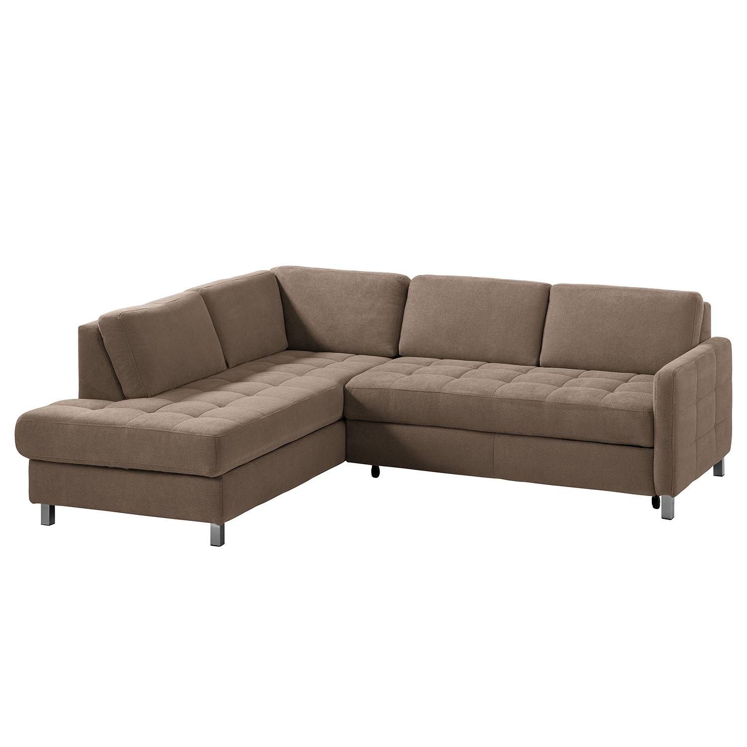 home24 Fredriks Ecksofa Tanete Cappuccino Webstoff 233x80x196 cm mit Schlaffunktion und Bettkasten