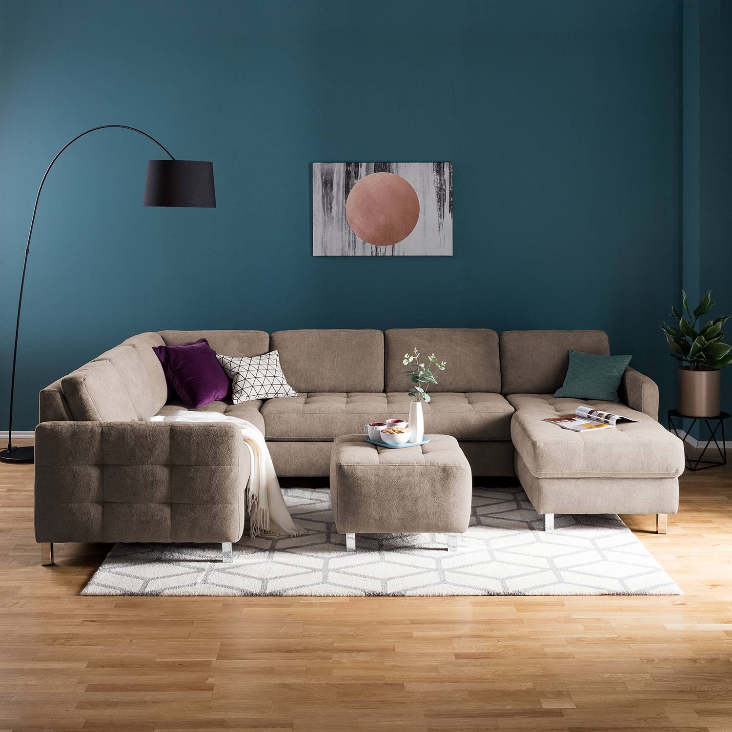 home24 Fredriks Wohnlandschaft Tanete Warmes Beige Strukturstoff 292x80x204 cm mit Schlaffunktion und Bettkasten
