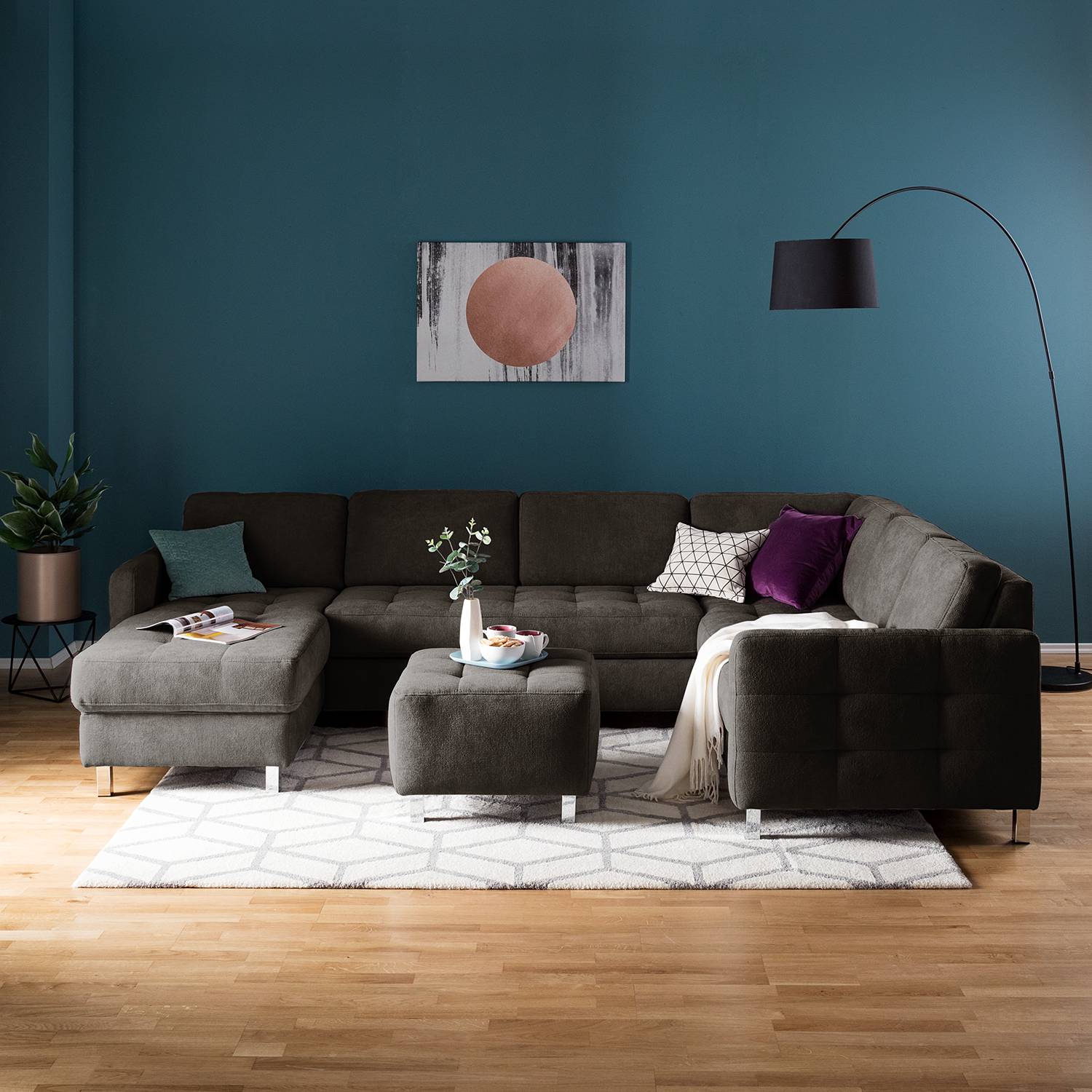 home24 Fredriks Wohnlandschaft Tanete Braun Strukturstoff 292x80x204 cm mit Schlaffunktion und Bettkasten