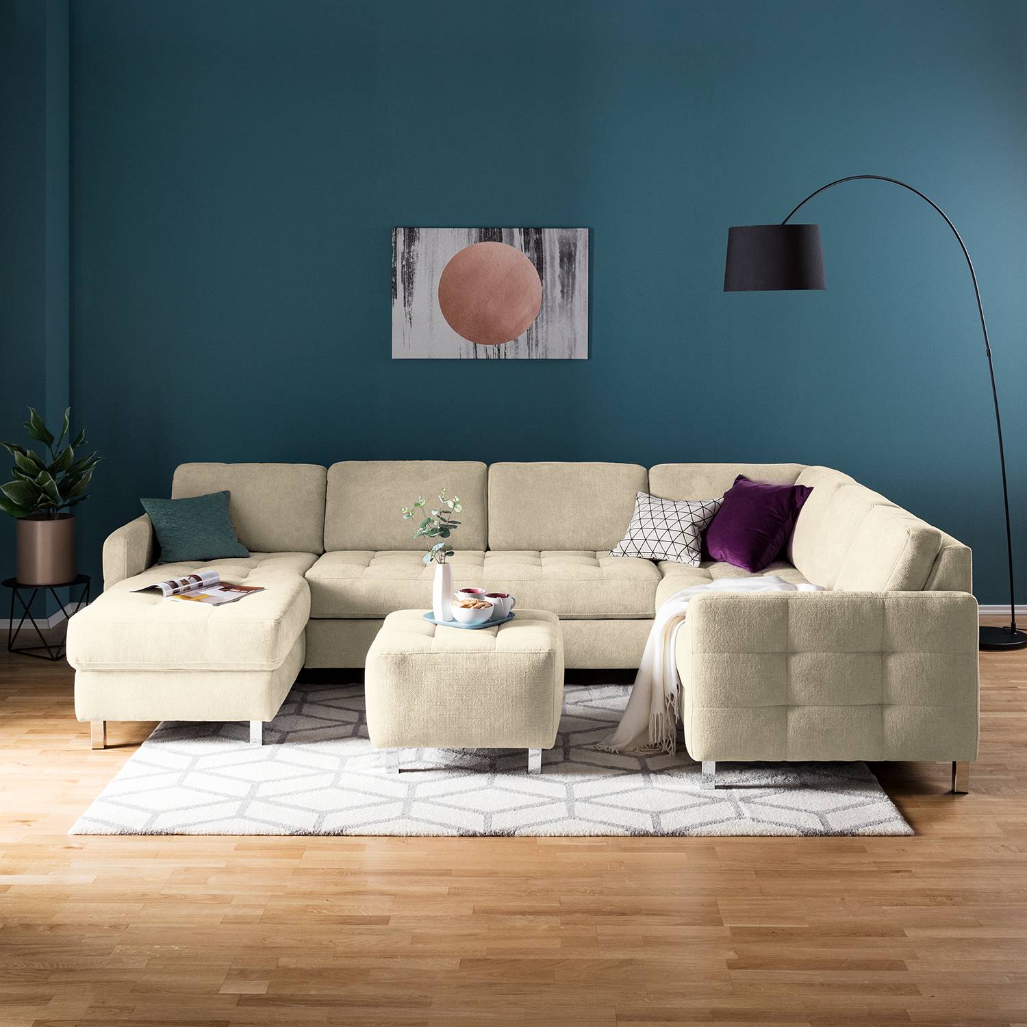 home24 Fredriks Wohnlandschaft Tanete Hellbeige Strukturstoff 292x80x204 cm mit Schlaffunktion und Bettkasten