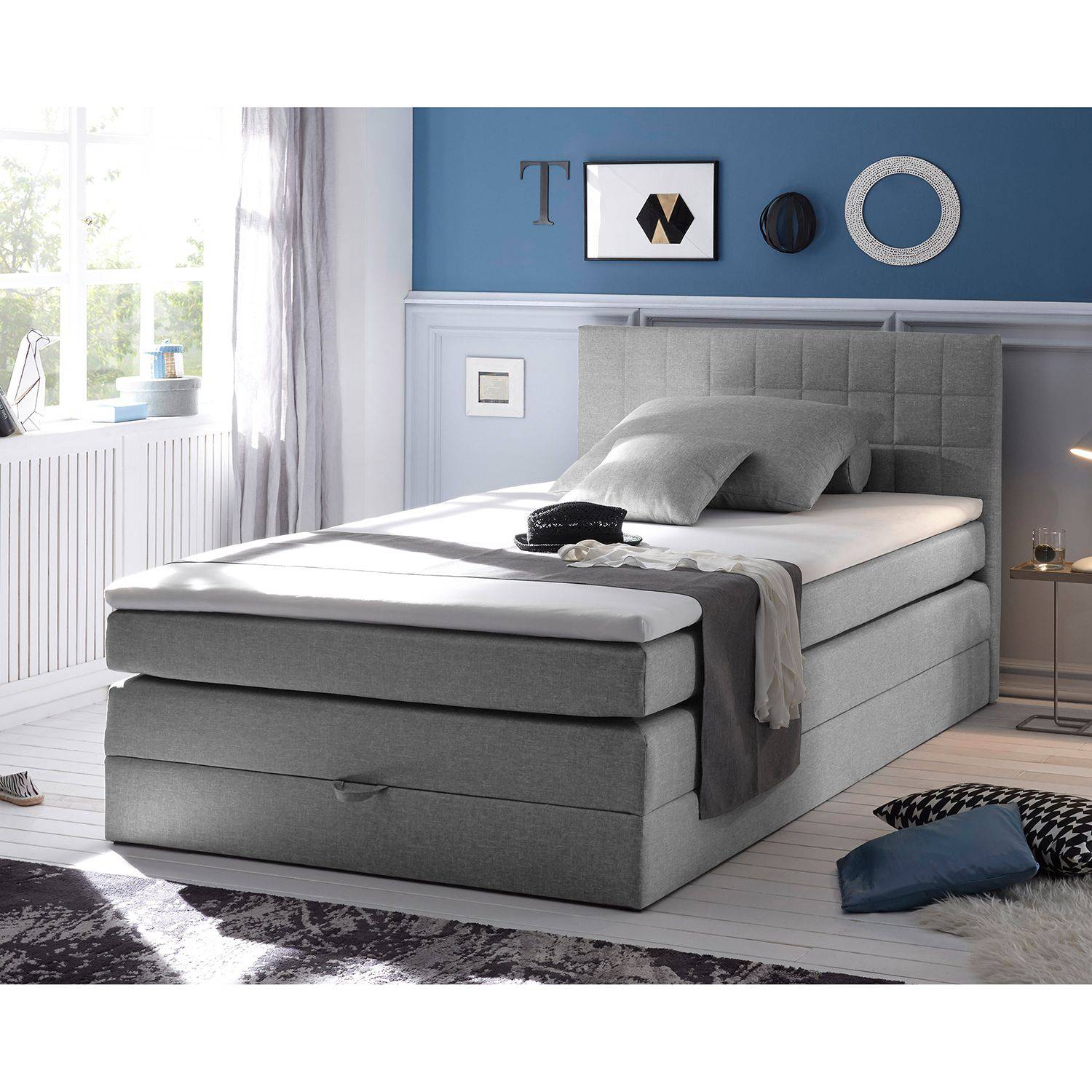 home24 loftscape Boxspringbett Harvi 120x200 cm Webstoff Grau mit Topper Modern