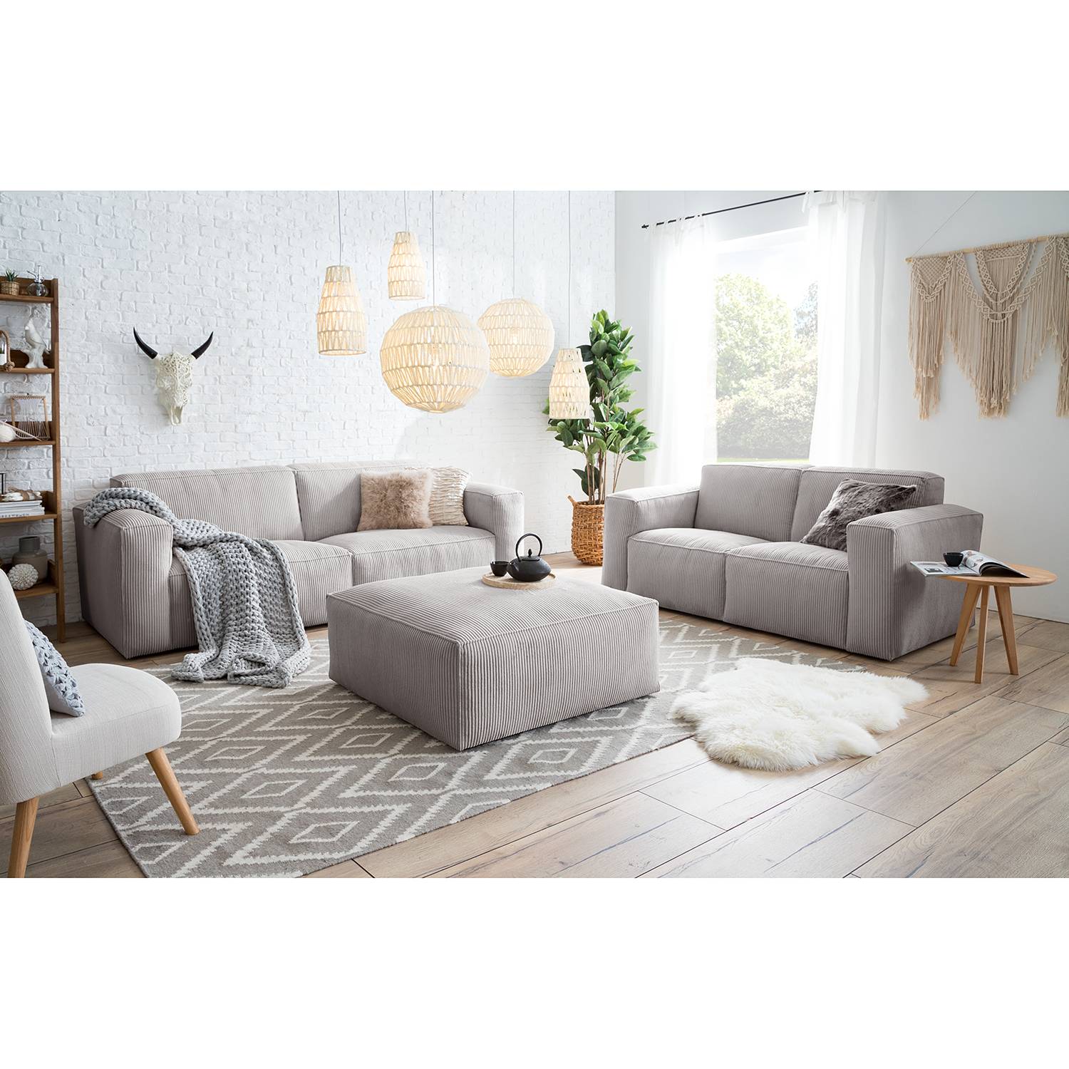 home24 Ars Natura Polstergarnitur Loralai Hellgrau Cord 242x75x96 cm