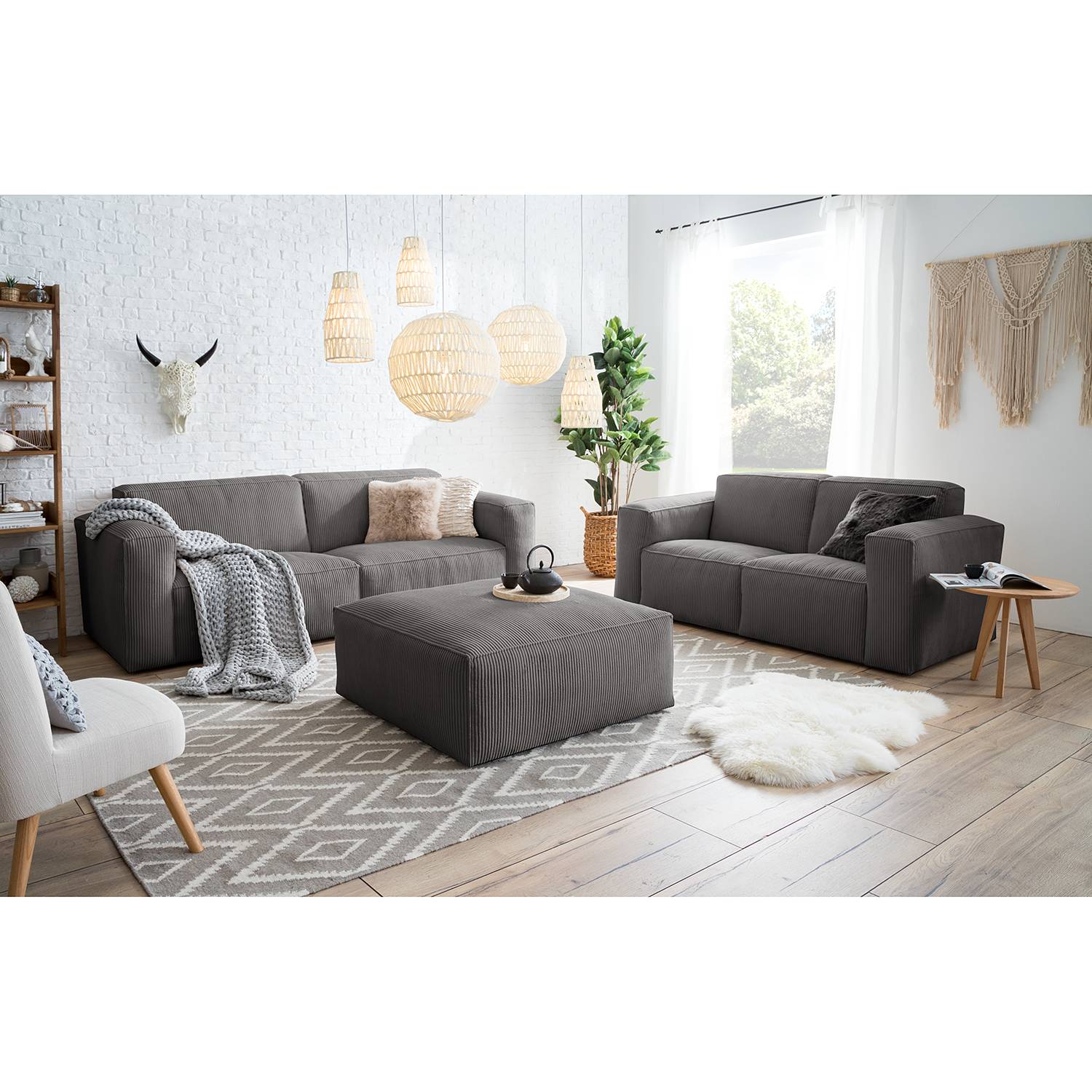 home24 Ars Natura Polstergarnitur Loralai Grau Cord 242x75x96 cm