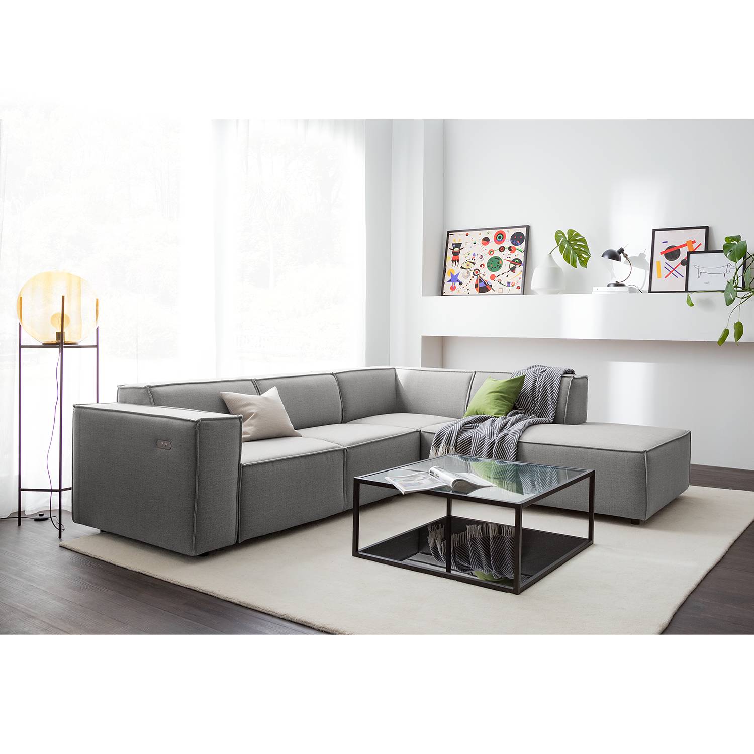home24 Ecksofa Kinx III Hellgrau Webstoff 259x70x234 cm (BxHxT) Modern