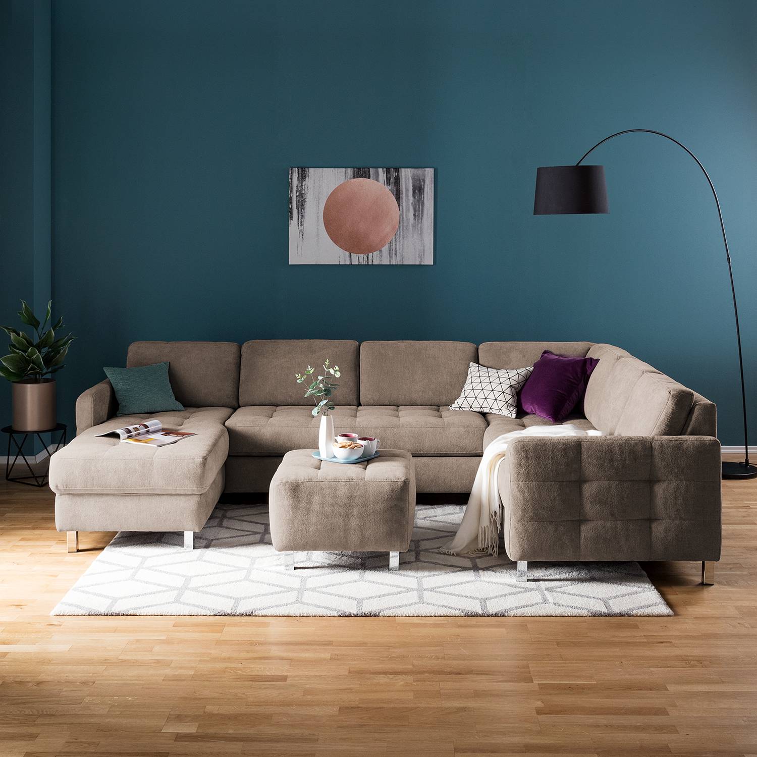 home24 Fredriks Wohnlandschaft Tanete Taupe Strukturstoff 292x80x204 cm mit Schlaffunktion und Bettkasten